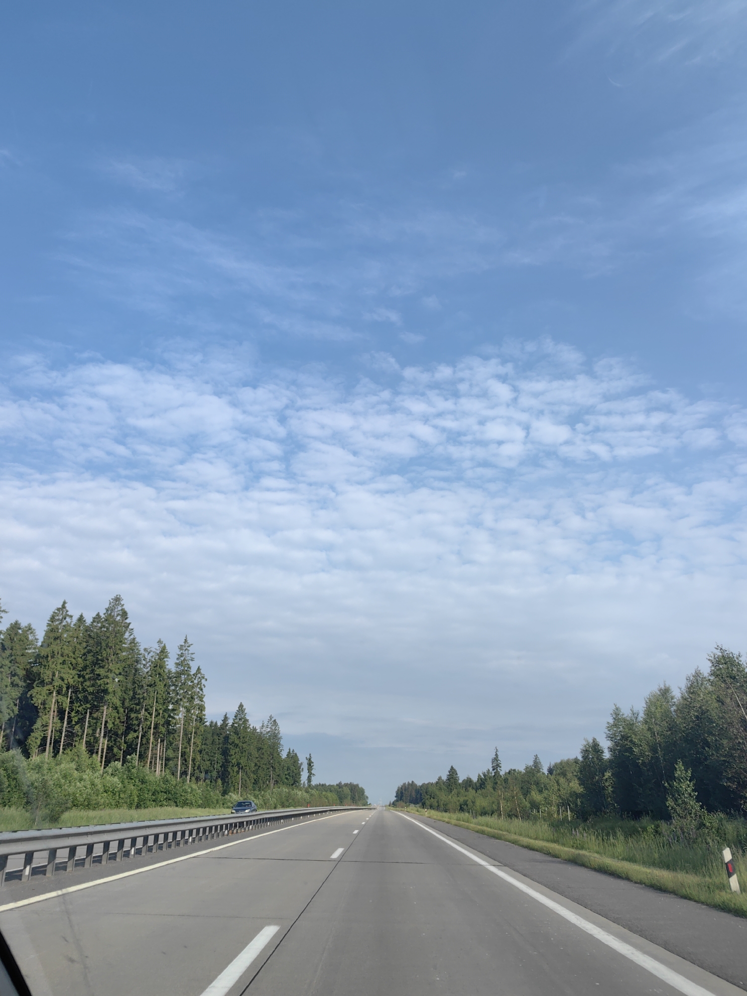 An eye-level, full shot captures a view from a moving vehicle on a highway passing through a wooded area. The highway is asphalt with clear white lane markings. On the left, a metal guardrail separates the highway from a dense forest of tall, evergreen trees. The right side of the highway also borders a dense forest of various trees and green undergrowth. A single dark-colored car is visible in the distance on the left side of the highway. The sky above is a clear blue with scattered white, wispy clouds. The image composition emphasizes the road and the surrounding natural landscape under a vast sky. The location is identified as the Путчынскі сельскі Савет, Belarus.
