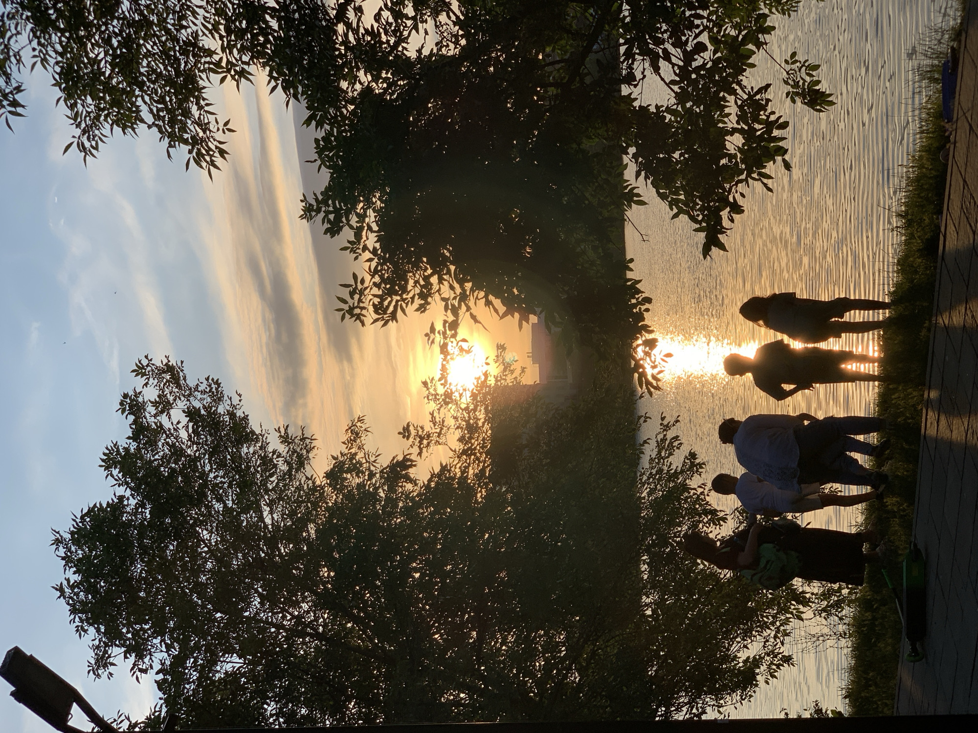 A group of five people stand near the edge of a body of water during sunset. Two large trees frame the scene, one on the left and one on the right, with their leaves silhouetted against the sky. The sun is setting behind a building in the distance, casting a golden glow on the water and clouds. The group consists of two adults and three children, all facing the water. The adults are dressed in dark clothing, and one is carrying a bag. The children are wearing lighter colored clothing. A scooter is lying on the ground in the foreground, to the left of the group. The scene is peaceful and serene, with the warm colors of the sunset creating a tranquil atmosphere.