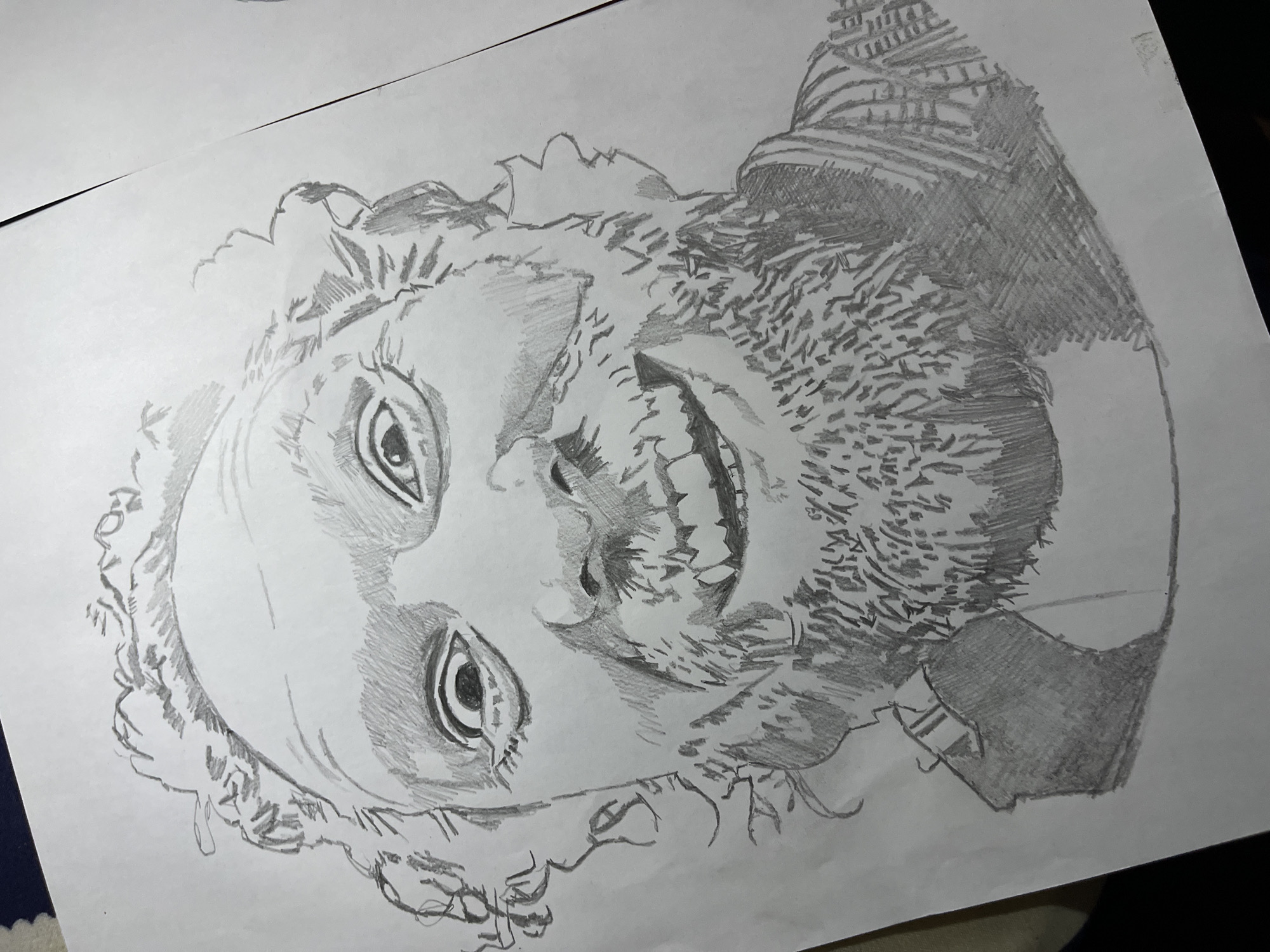 A pencil sketch of a man's face, tilted slightly to the right. He has a beard, and curly hair around his head. His eyes are looking directly at the viewer, and he is smiling widely, revealing his teeth. He appears to be wearing a striped shirt. The sketch is on a white piece of paper, which is placed on a surface of an indeterminable color. The sketch is not of Jos, Nigeria.