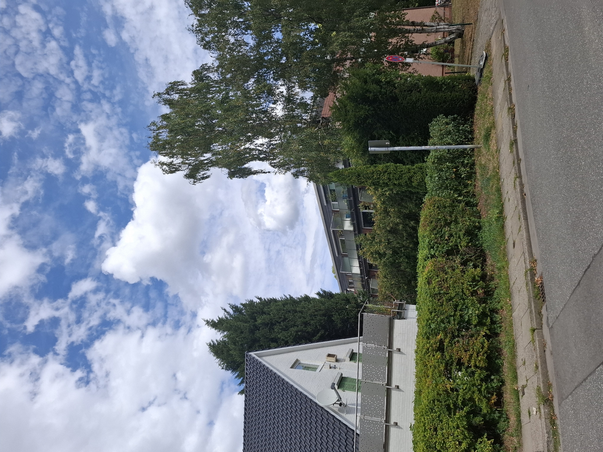 The image shows a residential street scene in Hamburg, Germany, under a cloudy blue sky. A two-story house with a dark grey tiled roof and white brick facade is visible on the left. It has green shutters on the windows and a satellite dish mounted on the wall. A balcony with a decorative metal railing runs along the front of the house.
To the right of the house, a row of dense green hedges forms a border. Behind the hedges, tall trees, including a prominent birch tree with white bark, dominate the scene. In the background, a modern apartment building with balconies is visible.
The street in the foreground is paved with asphalt. A sidewalk made of concrete slabs runs along the street, bordered by grass and more hedges. A street signpost with a no-parking sign is visible near the right edge of the image. The scene appears to be a quiet residential area on a partly sunny day.
