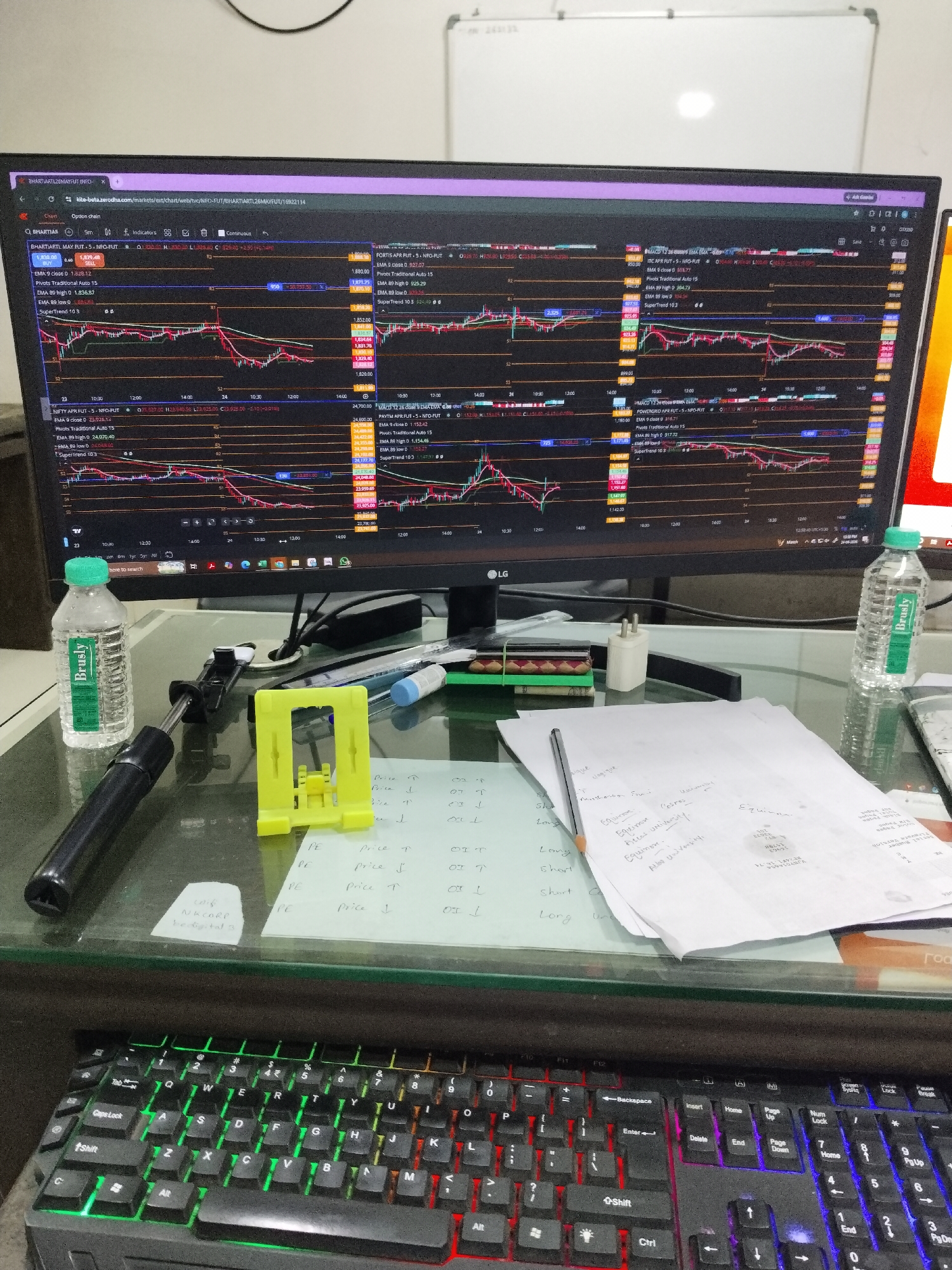 An eye-level shot captures a cluttered desk setup dedicated to financial trading or analysis, dominated by a large LG computer monitor displaying multiple stock market charts. The monitor shows candlestick charts with various indicators like EMA (Exponential Moving Average), Pivots Traditional Auto, and SuperTrend for several financial instruments, including "BHARTIARTL MAY FUT," "NIFTY APR FUT," "ITC APR FUT," "FORTIS APR FUT," "PAYTM APR FUT," and "POWERGRID APR FUT." The URL visible on the browser tab, `kite-beta.zerodha.com`, indicates the use of Zerodha's Kite trading platform. Timestamps on the charts (e.g., 10:30, 12:00, 14:00) suggest active trading hours, and a small clock shows "12:50:40 UTC+5:30," an Indian Standard Time.
The desk, made of glass, holds various items: two "Brusly" branded water bottles, one on each side; a black selfie stick or compact tripod; a yellow plastic phone stand; a white power adapter/charger; a pen; and a pencil. Several sheets of paper with handwritten notes are scattered on the right side of the desk. These notes include financial terms like "Price ↑ OI ↑" (Open Interest), "Price ↓ OI ↓," "Long," and "Short," alongside other words such as "Equire," "Equimon Costos," "Delas University," "Allies University," "NKCORP bedigital s," and "Logique." Below the desk, an RGB backlit keyboard with illuminated keys (green on the left, red in the middle, blue on the right) is visible. In the background, a white board with faint markings can be seen above the monitor.