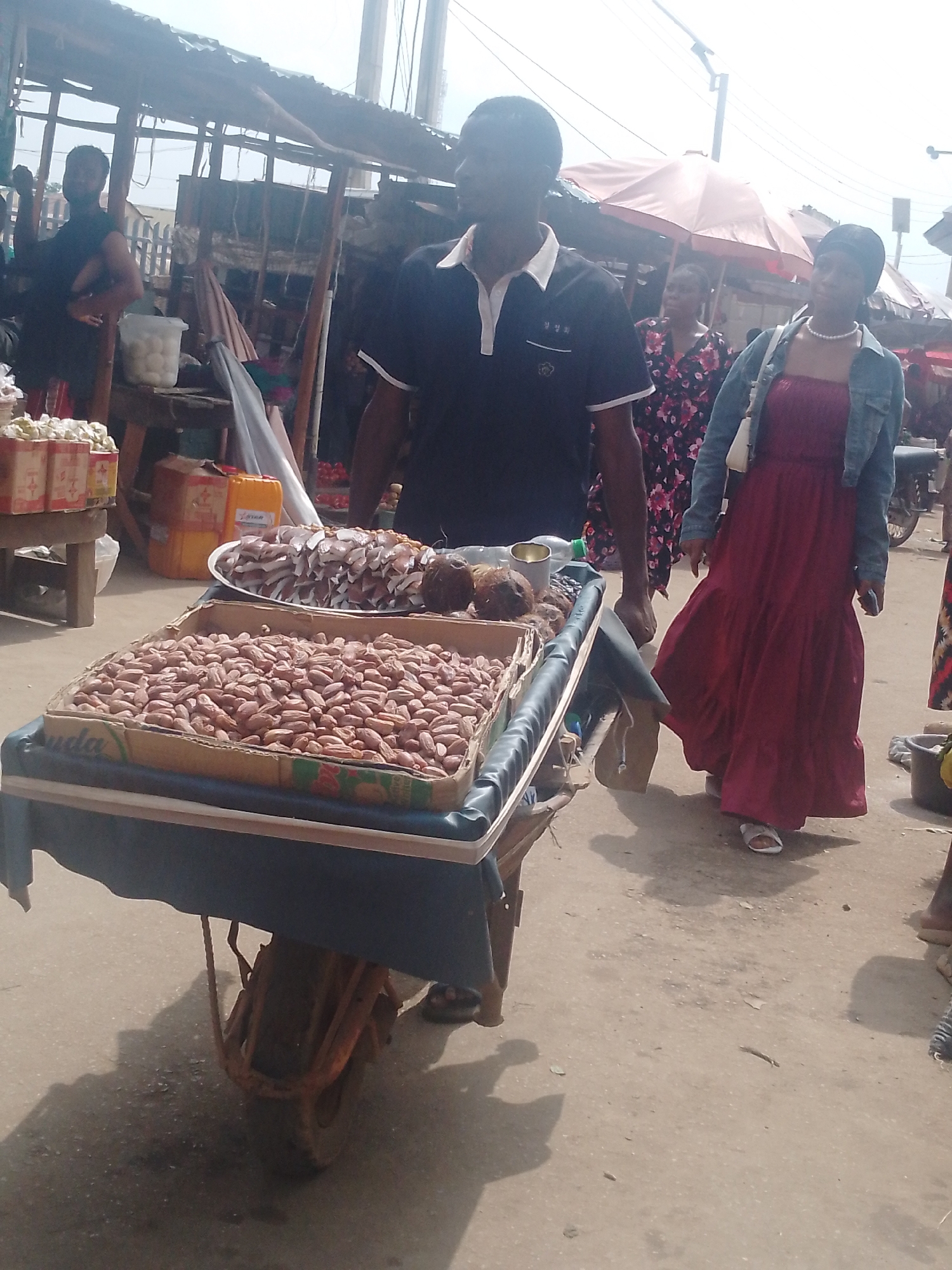 A street scene in what appears to be a market. A man pushes a cart filled with peanuts and coconuts. A woman in a red dress and jean jacket walks nearby. Stalls and other people are in the background.