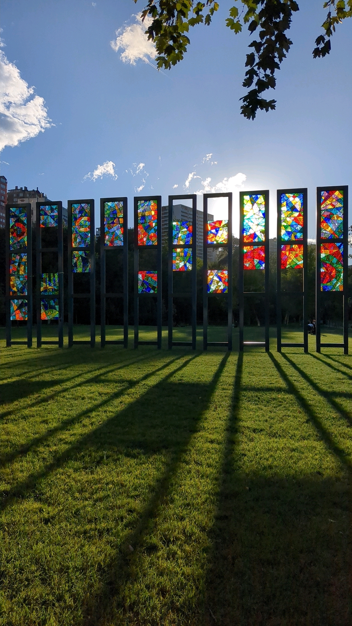 The image depicts a sunlit outdoor scene in Tbilisi, Georgia, likely in the Rike Park area, given the prominent stained-glass installations. A row of tall, dark-framed vertical structures stand on a manicured green lawn. Each frame contains multiple rectangular panels of vibrant, abstract stained glass in shades of red, blue, yellow, and green. The sun is setting or rising, casting long, dark shadows from the structures onto the grass. In the background, several multi-story buildings are visible, suggesting an urban setting. The sky is a clear blue with a few scattered white clouds, and the top edge of the image shows the silhouette of tree branches with leaves. The overall impression is one of artistic installation in a park, bathed in the warm light of either dawn or dusk.