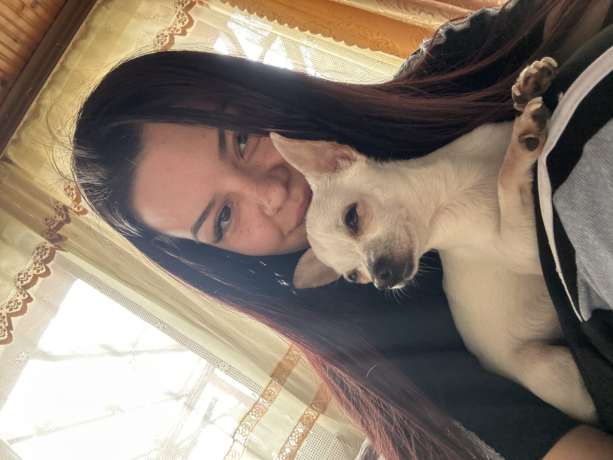A fair-skinned woman with long, dark reddish-brown hair is holding a small, white Chihuahua-like dog. The woman has visible freckles and appears to be smiling slightly. The dog is held close to her face, and its head is visible, as is one paw with dark claws. The background features a window covered with a light-colored, patterned curtain. The location cannot be determined to be in Skala, Bulgaria from the image alone.