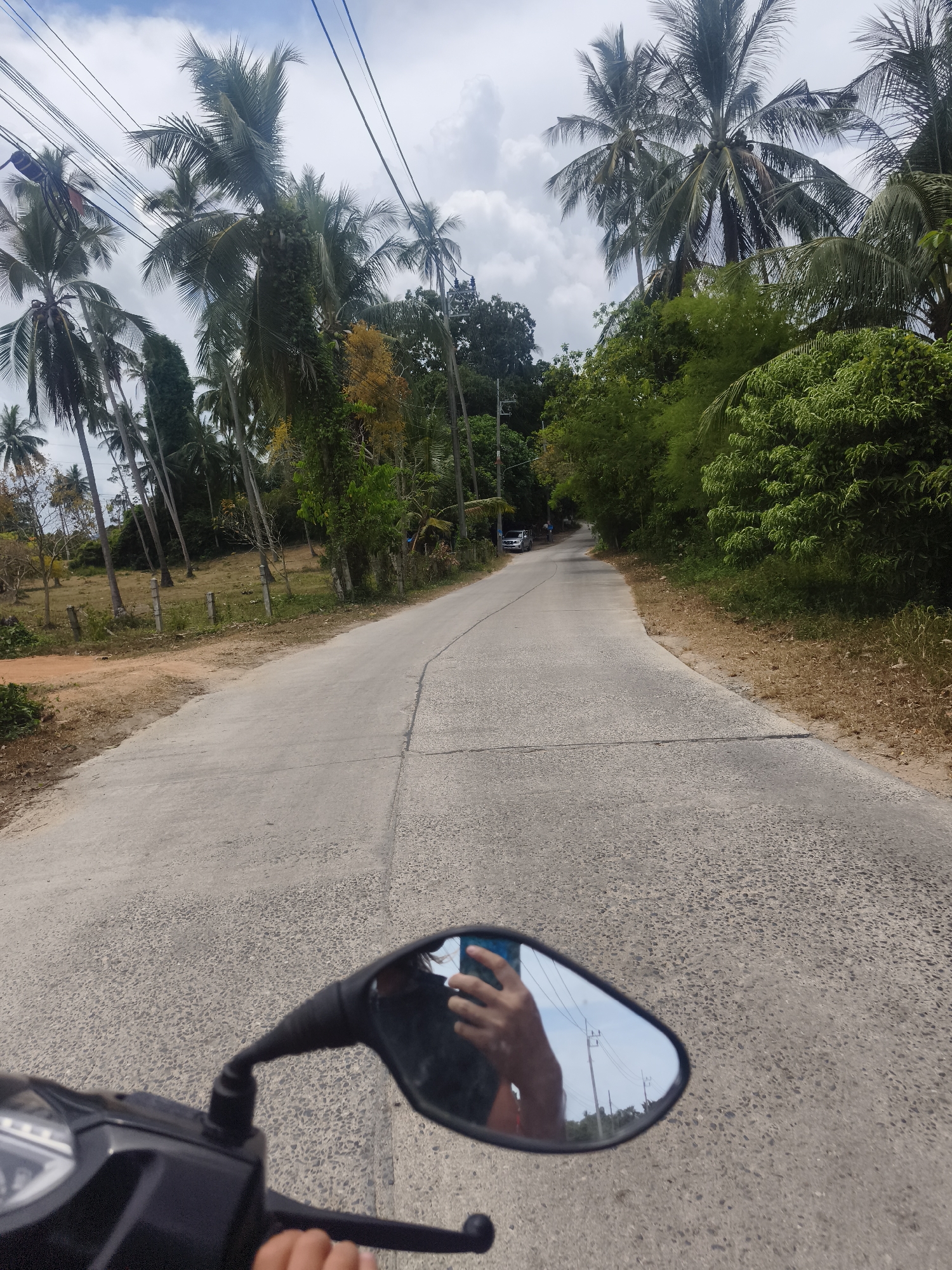 The image shows a view from a moving motorcycle on a concrete road lined with palm trees and lush greenery. The location is likely Ban Bang Khao, Thailand based on the user query. In the foreground, a side mirror reflects a person's hand holding a smartphone, indicating the photo is being taken while riding. The road leads into the distance, with trees lining both sides and power lines overhead. The sky is overcast, suggesting it's daytime but not sunny. The surrounding environment appears tropical.