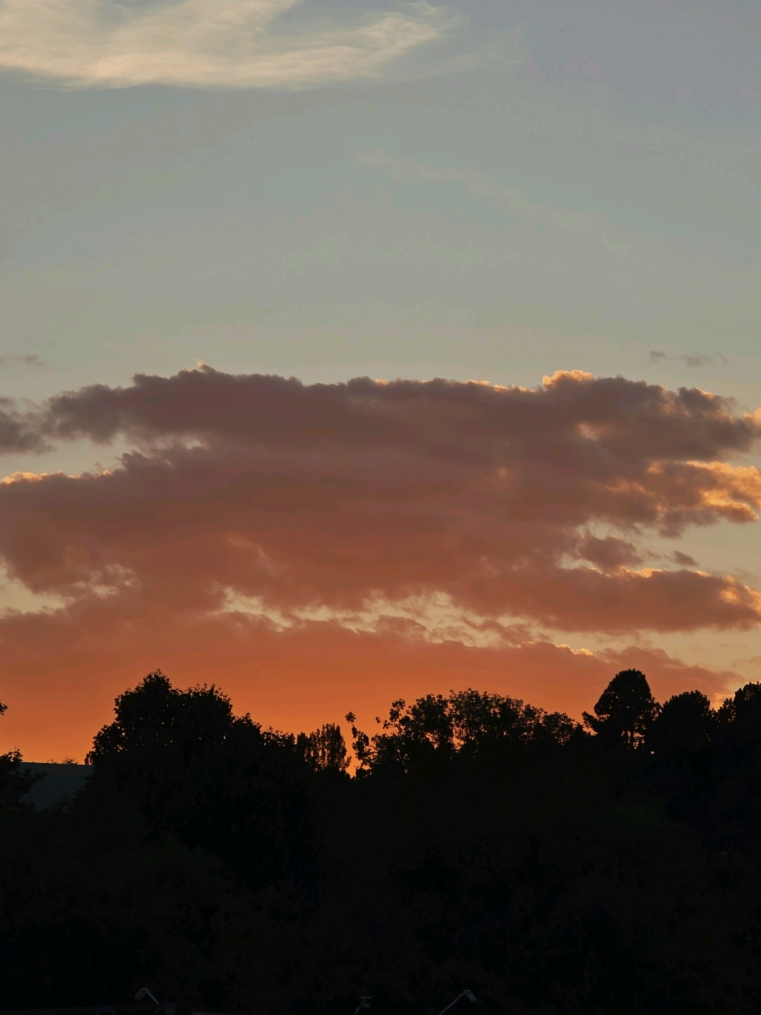 A sunset illuminates the sky over Obrochishte, Bulgaria, with a vibrant orange glow bleeding upwards into softer pinks and blues. A thick band of clouds, tinged with fiery orange and yellow, stretches across the horizon, catching the last rays of the sun. Below this dramatic sky, the silhouettes of trees and a portion of a dark rooftop are visible against the bright horizon, forming a dark, undulating line that separates the land from the sky. The overall scene is one of natural beauty, characterized by the striking colors of the sunset and the stark contrast between the illuminated sky and the darkened landscape.