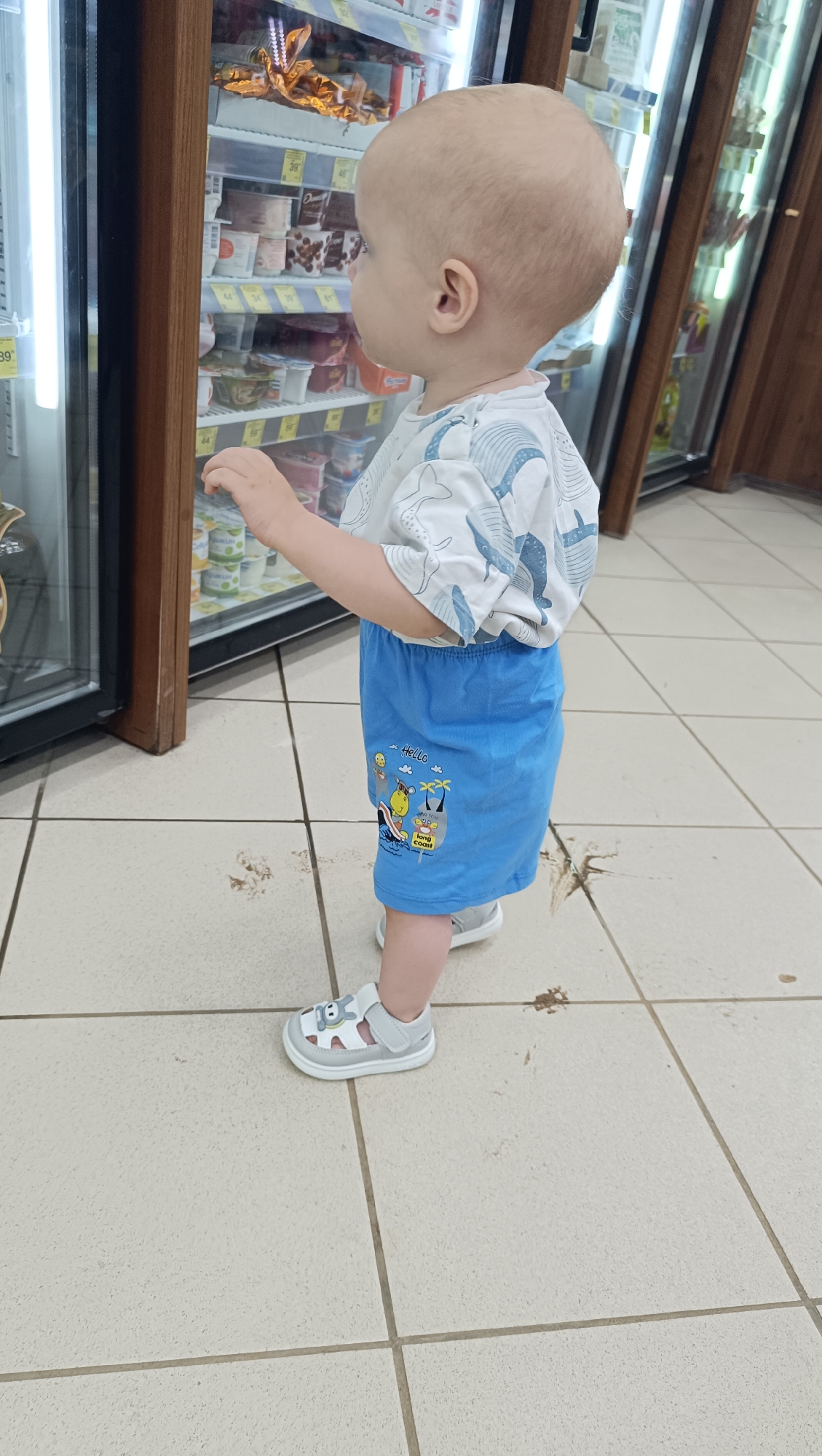 A young child, seen from the chest down, stands in a grocery store looking at products in a refrigerated display case. The child is wearing a white t-shirt with a blue whale pattern and blue shorts adorned with cartoon graphics of a giraffe on a surfboard, palm trees, and the words "Hello" and "long coast". The child is also wearing light grey sandals. The floor is tiled in a beige, stone-like pattern. In the background, the refrigerated display case contains various food items, possibly ice cream or yogurt, with price tags visible. The lighting suggests it is daytime indoors. The child's posture and focus on the display case imply curiosity or a desire for a treat. The overall scene is a common everyday experience of a child in a supermarket.