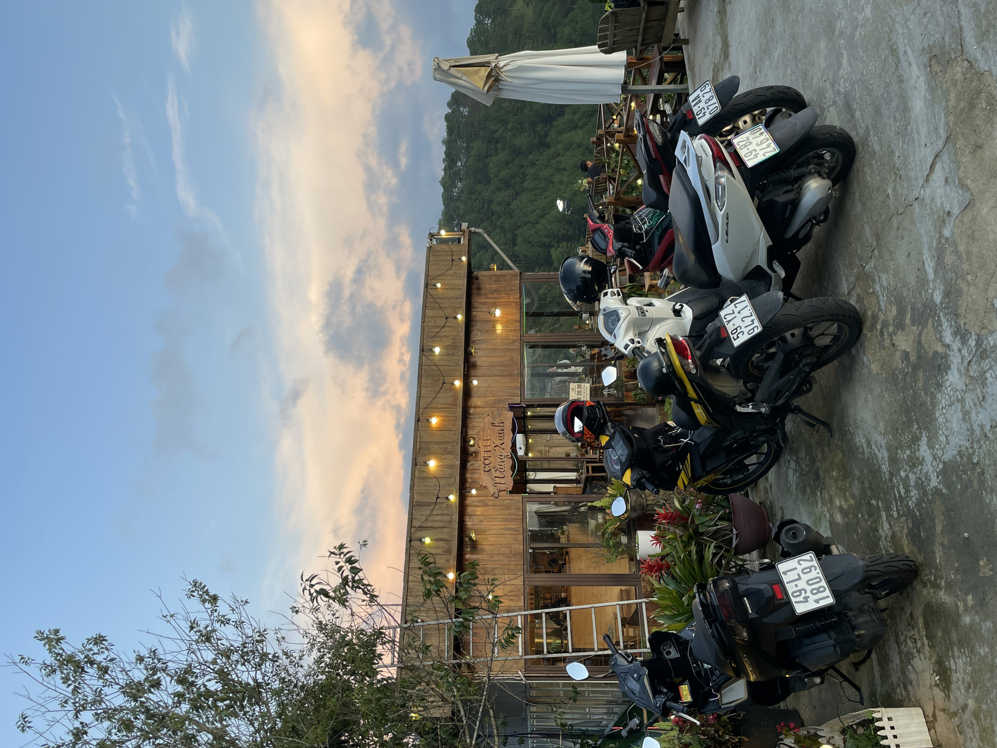 This image captures a picturesque outdoor cafe scene at dusk in Xuân Trường - Đà Lạt, Vietnam. The sky is a blend of soft blues, pinks, and oranges, indicating either sunrise or sunset, with the illuminated string lights on the building suggesting evening.
In the foreground, a row of motorcycles, primarily scooters, is parked on a paved concrete surface. Visible license plates include "59-Y2 942.17", "49-82 246.40", "49-AA 078.29", and "49-L1 180.92". Lush green plants and some flowering red bromeliads are arranged around the parking area and the cafe's facade.
The central subject is a rustic wooden cafe building featuring large glass windows and doors. A prominent wooden sign on the exterior reads "COFFEE Nắng Xanh" (Coffee Green Sunshine), with additional text "0 20:30" possibly indicating operating hours. Decorative string lights are strung across the building, casting a warm glow. Above the main cafe area, a person can be faintly seen seated at an outdoor table on a terrace, which is equipped with chairs and a large white parasol.
In the background, a dense, green forested hill rises, providing a natural and tranquil setting. The overall scene conveys a peaceful atmosphere, typical of a leisure spot in a scenic, mountainous region like Đà Lạt.
