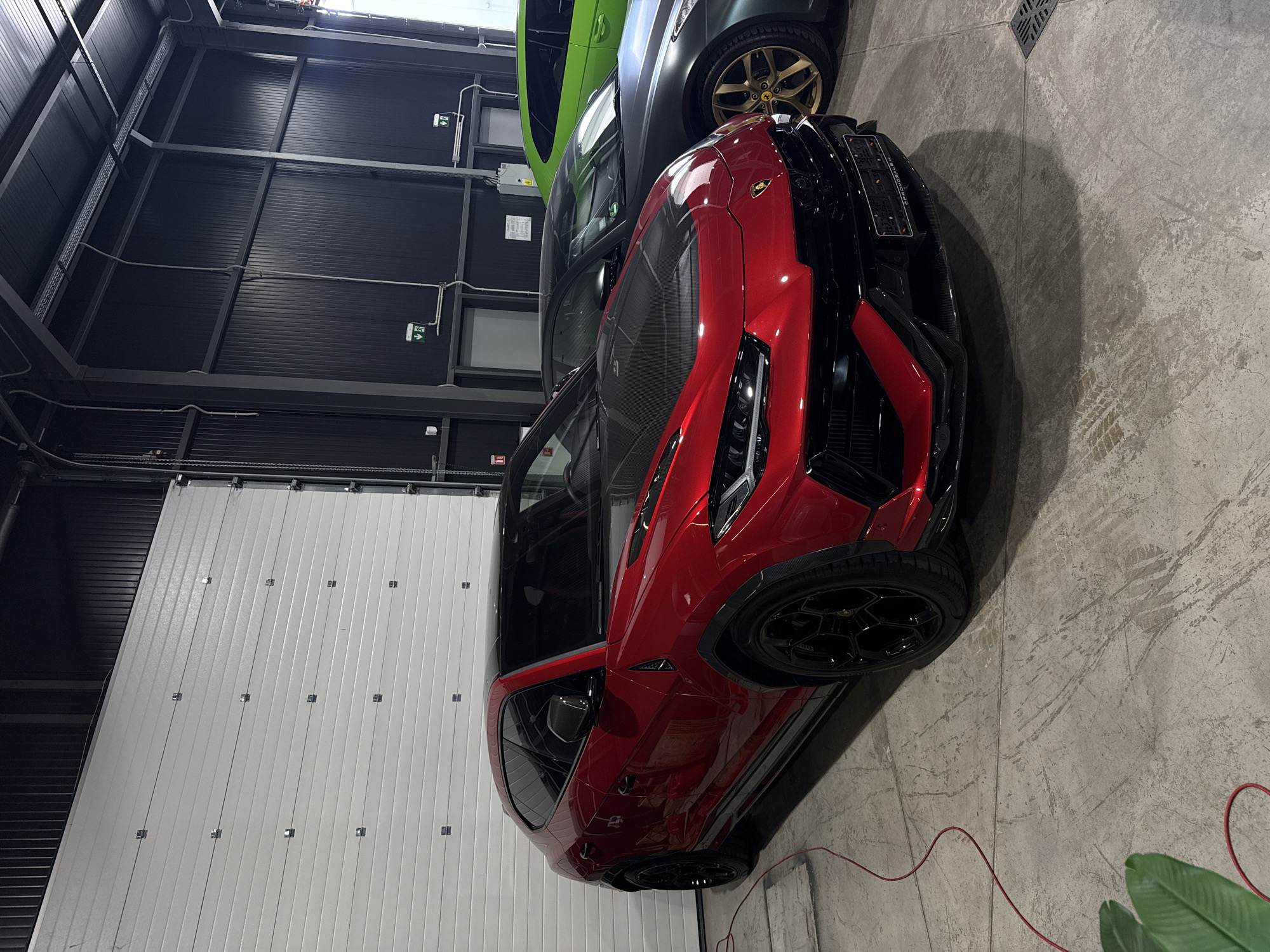 A red Lamborghini Urus is parked in a garage with a white roll-up door and dark metal walls. The car has a black carbon fiber hood and black wheels. To the right of the Urus, a dark gray car with gold wheels and a green car are partially visible. The floor is concrete with tire marks. The scene appears to be an automotive detailing or storage facility. The image is cropped to focus on the vehicles.