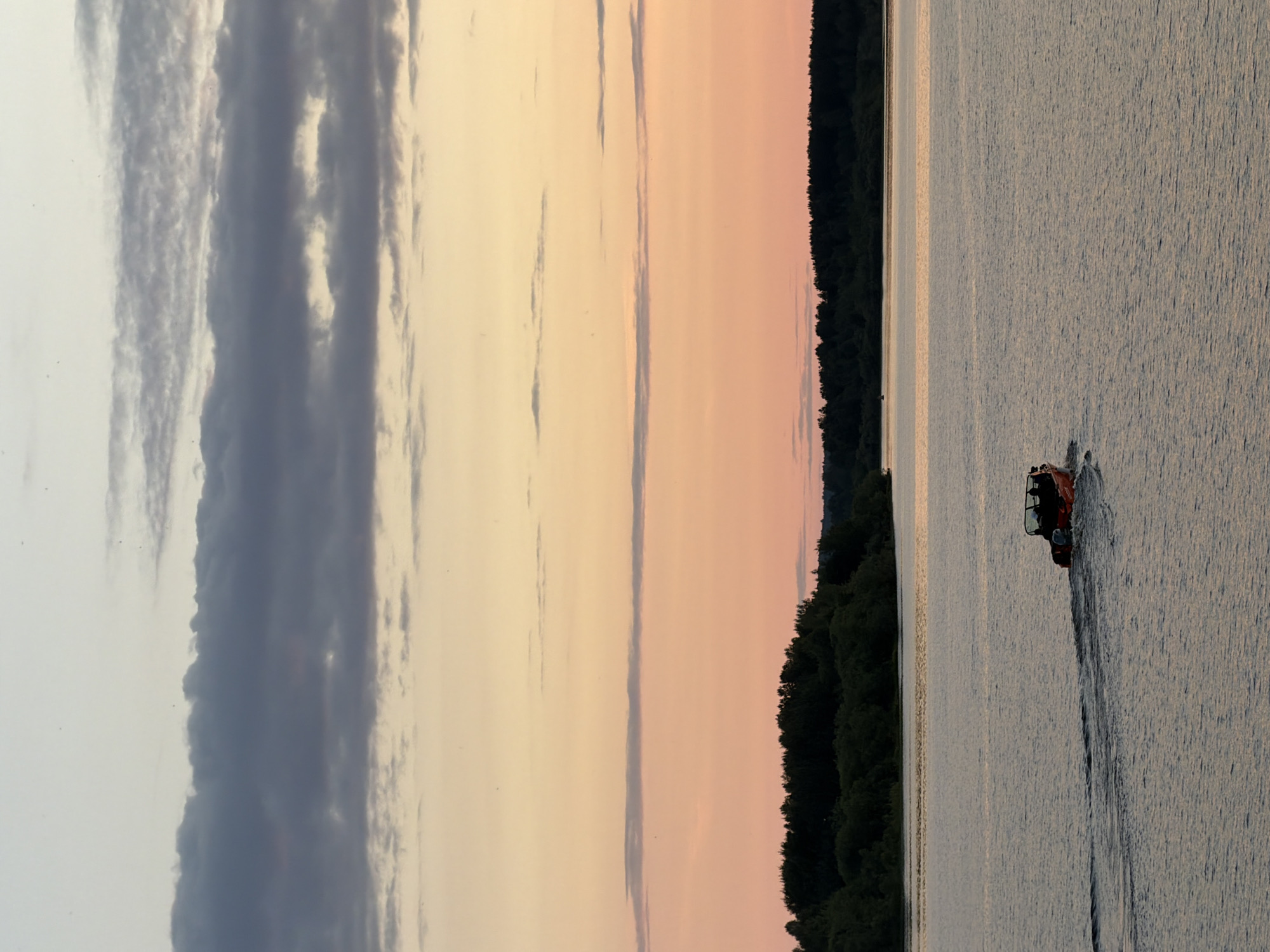 A boat speeds across a body of water, leaving a wake behind it. The boat appears to be red and has at least two people visible inside. The water is a soft grey-blue, reflecting the muted colors of the sky. To the left of the water is a tree line, dark green and dense, indicating a forested area. The sky above the treeline transitions from a pale grey with wispy, dark clouds on the left, to a soft peachy-pink hue as it moves to the right. This color gradation suggests that the image was captured during either sunrise or sunset. The overall atmosphere is calm and serene, with the only dynamic element being the moving boat. The scene is likely a natural landscape, possibly a lake or a wide river, in or around Solikamsk, Russia. There is no visible text in the image.