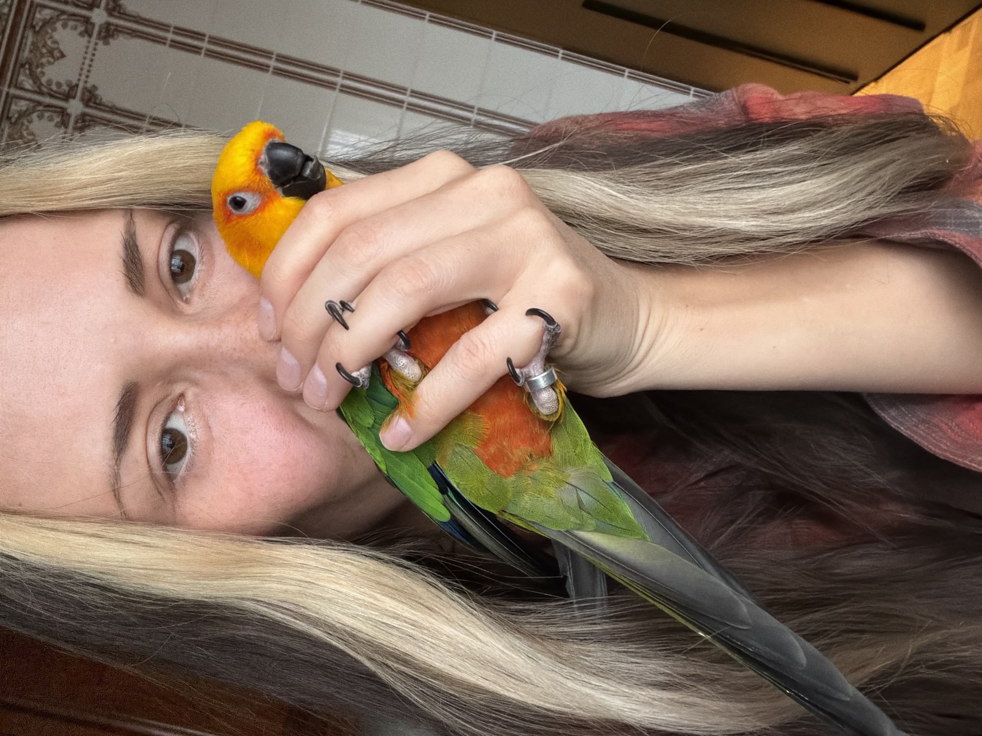 A close-up, vertically oriented portrait features a person holding a vibrant bird indoors. The person, appearing female, has long blonde and brown streaked hair, brown eyes, and freckles across her nose and cheeks. She looks directly at the camera with a calm, neutral expression. Her right hand, featuring natural-colored nails and a dark, claw-like ring on one finger, gently cradles a colorful parrot, likely a Sun Conure.
The bird is perched on her fingers, showcasing its striking plumage: a bright yellow head and chest, an orange belly, and vivid green wings and back. Its dark beak and eyes are visible, along with silver bands on its legs. The person is wearing a shirt with a red and dark plaid-like pattern, which is partially visible.
The background consists of light-colored wall tiles with a subtle brown linear and decorative pattern, topped by a dark, possibly metallic or wooden, frame. The scene is well-lit, suggesting natural daylight. No text is visible in the image. The overall impression is an intimate moment between a pet owner and their bird, captured in Khimki, Russia.