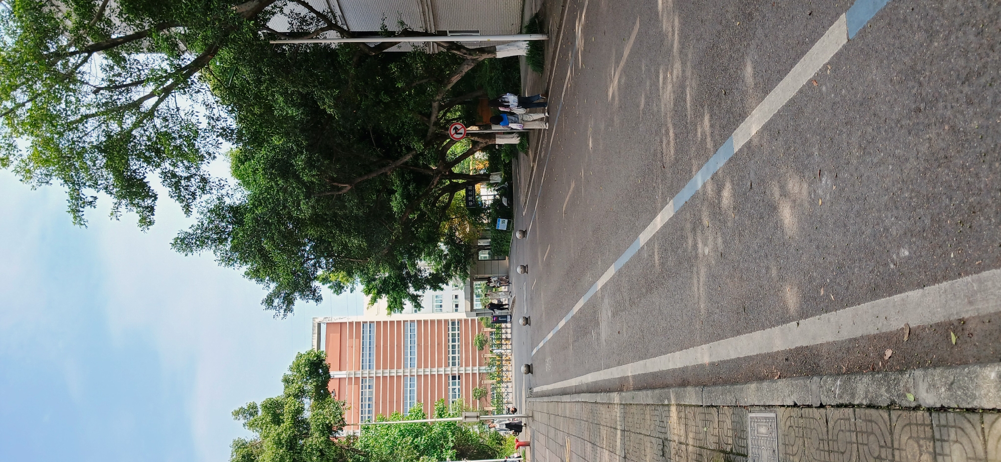 The image depicts a street in Chongqing High-tech Zone, China. The street is lined with trees, casting shadows on the pavement. A tall, brick building with many windows is visible in the background. There are people walking on the sidewalk and on the street. The street has painted lane markings. A round traffic sign is visible among the trees.