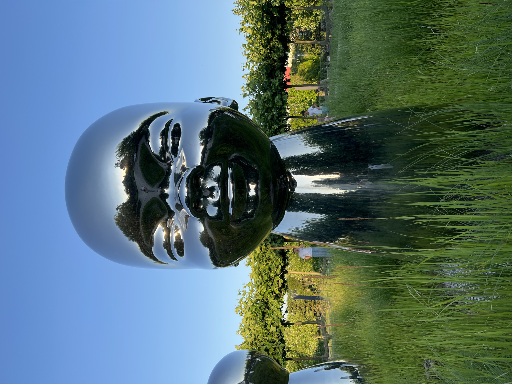 The image shows a large, shiny, metallic sculpture of a baby's head. The sculpture is so reflective that it mirrors the surrounding environment. The sky is a clear blue, suggesting a sunny day. Tall, vibrant green grass surrounds the sculpture, indicating an outdoor setting, possibly a park or garden. In the background, there are trees with lush green foliage and a path. A few people are visible in the distance, appearing relaxed and enjoying the outdoor space. The lighting suggests it is late afternoon or early evening, with the sun casting a warm glow on the scene, highlighting the reflections on the sculpture. The overall impression is one of a peaceful and visually striking outdoor art installation in a natural setting. No text is visible in the image.