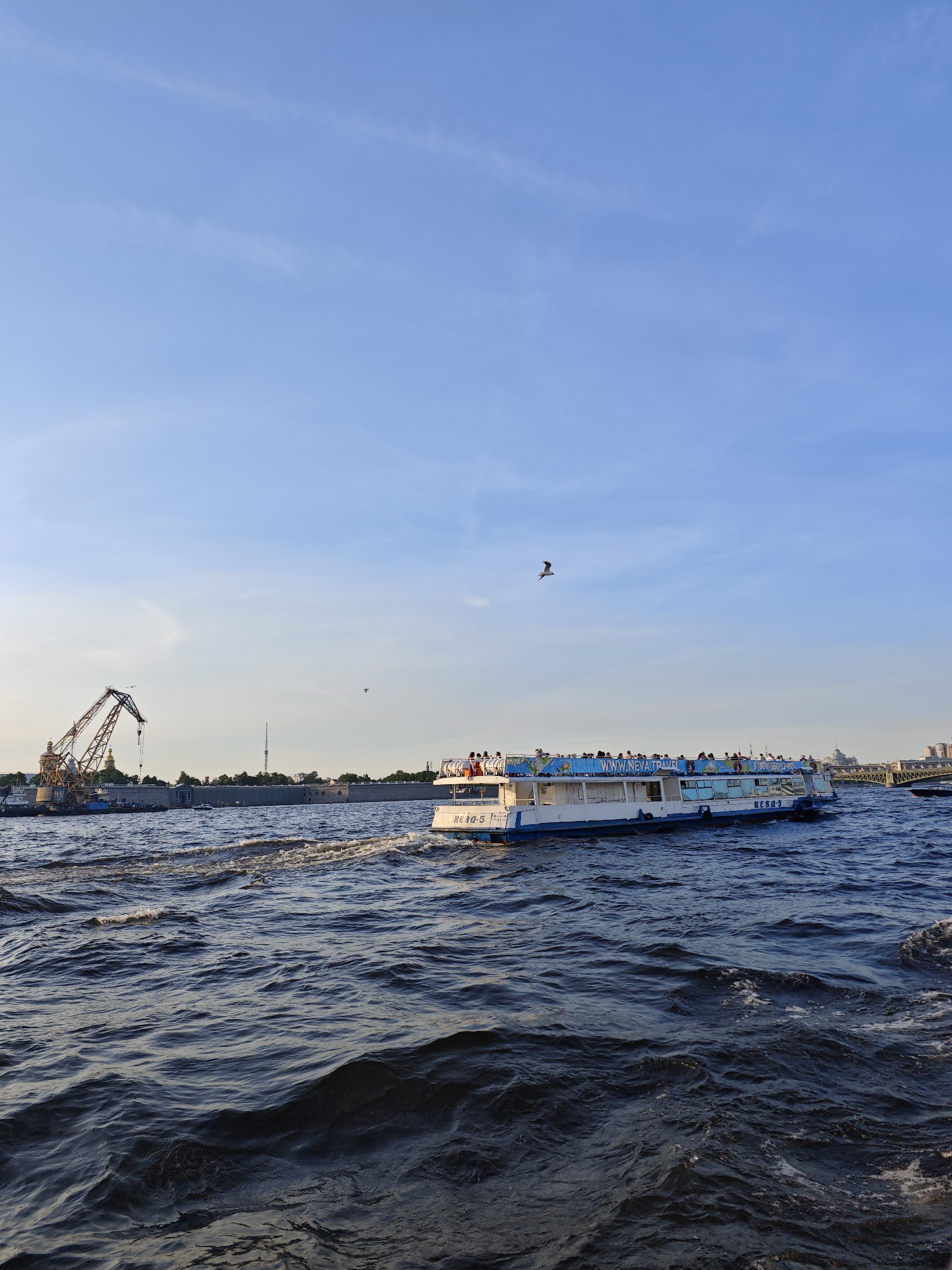 An eye-level, medium shot captures a wide river in Saint Petersburg, Russia, under a clear blue sky with some wispy clouds. The water is dark blue and choppy, with white foam trailing behind a white and blue passenger boat moving from left to right in the mid-ground. The boat is crowded with people on its upper deck, and the side displays a website address, "WWW.NEVA.TRAVEL", and a phone number. To the left, a large industrial crane with a yellow boom is situated near the embankment, and in the distance, a bridge can be seen on the right. A bird flies in the sky above the boat.