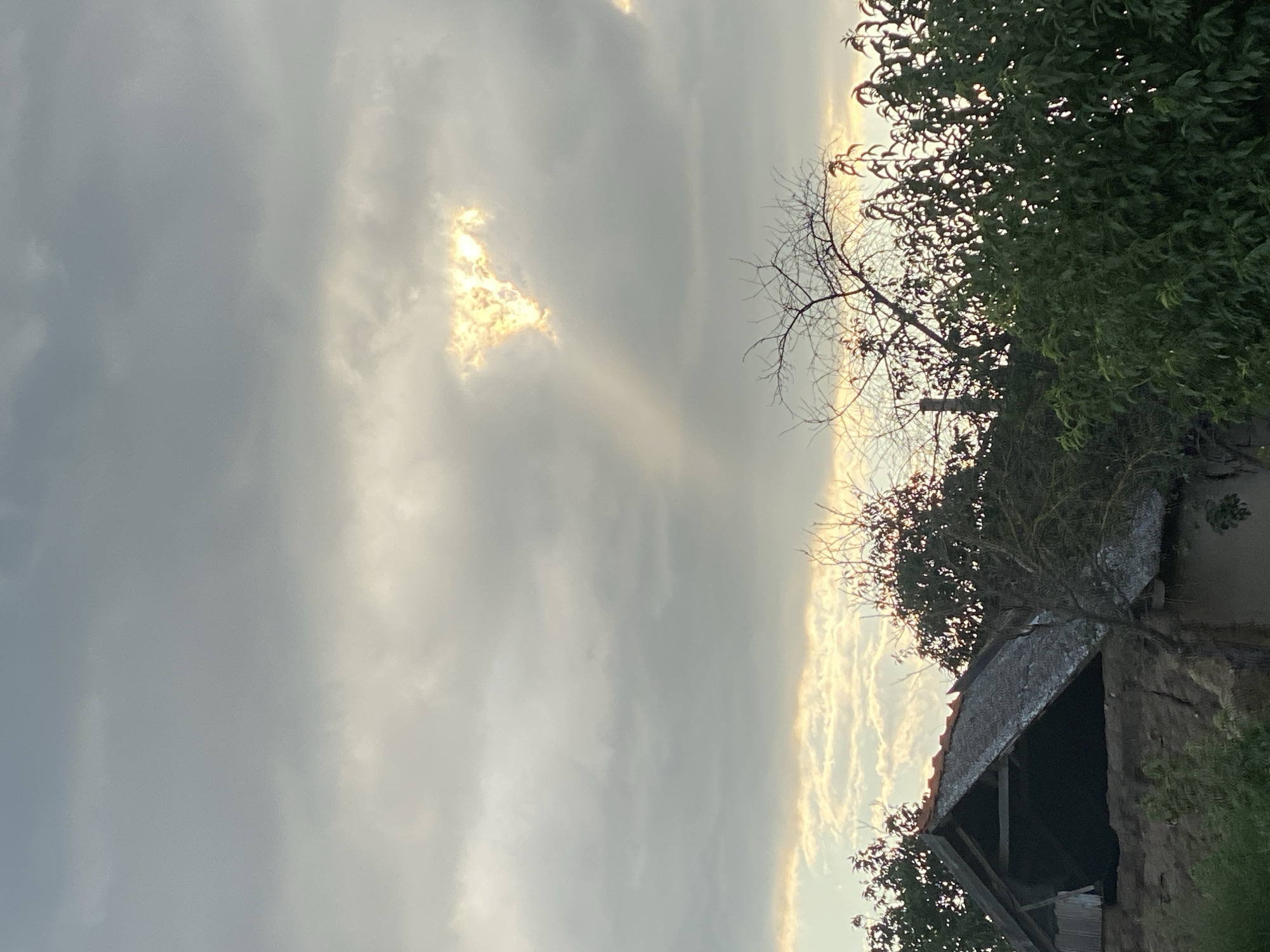 This is a medium shot, outdoor, vertical, low-angle, natural light photograph of a partially broken roof of a building in Cairaclia, Moldova. The roof is covered with old, gray, corrugated material with some moss growth. The structure appears to be made of stone and possibly mud. In the background, a beam of sunlight shines through a gap in the gray clouds, illuminating a portion of the sky with a yellowish hue. Bare tree branches and lush green foliage frame the lower half of the image, partially obscuring the building. The sky is overcast with thick, gray clouds.