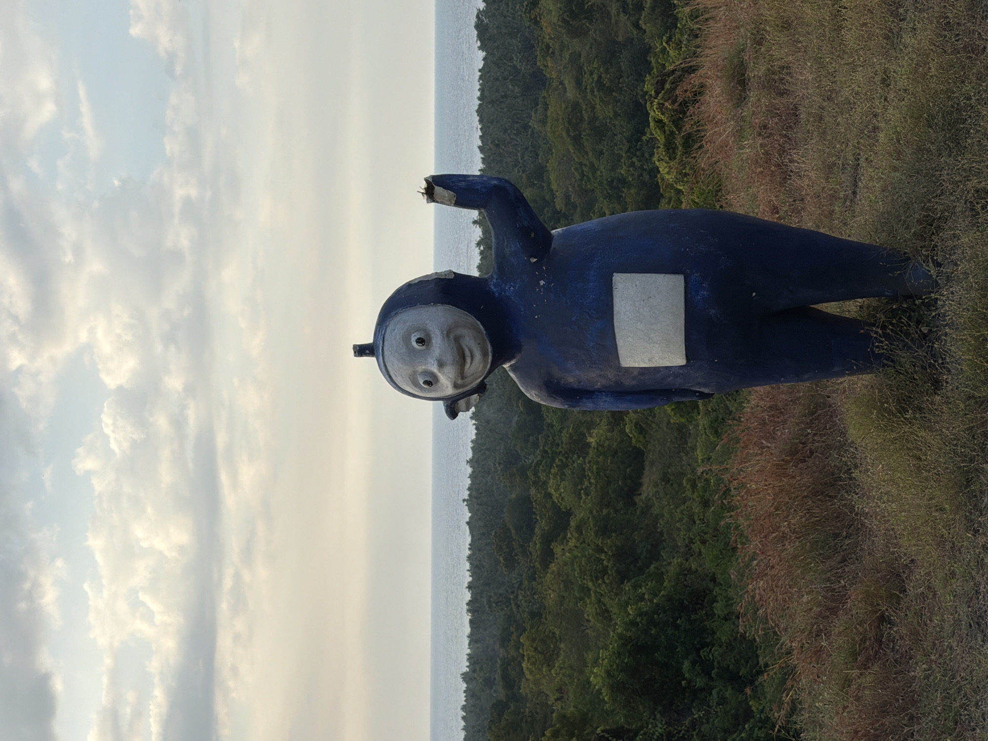 A full-body, outdoor, medium-shot photograph captures a weathered, life-sized, blue Teletubby statue standing in a grassy field. The statue is positioned slightly off-center to the right, facing the viewer with its head turned to the left. Its right arm is raised, bent at the elbow, with its hand open in a waving gesture. The statue's body is a deep blue, with a white rectangular screen on its abdomen. Its face is round and white, with two black eyes and a wide, smiling mouth. A small, dark antenna protrudes from the top of its head. The statue appears to be damaged, with a broken piece on its right antenna and wear and tear on its surface.
The background of the image features a dense, green forest that stretches to the horizon. Beyond the forest, a vast, blue ocean meets a hazy sky filled with soft, white clouds. The foreground is a natural landscape of dry, brown and green grass and foliage.
The scene is likely located in Kubutambahan, Bali, Indonesia, given the presence of lush tropical vegetation and the proximity to the ocean. The lighting suggests it is late afternoon or early morning, with soft, diffused sunlight.