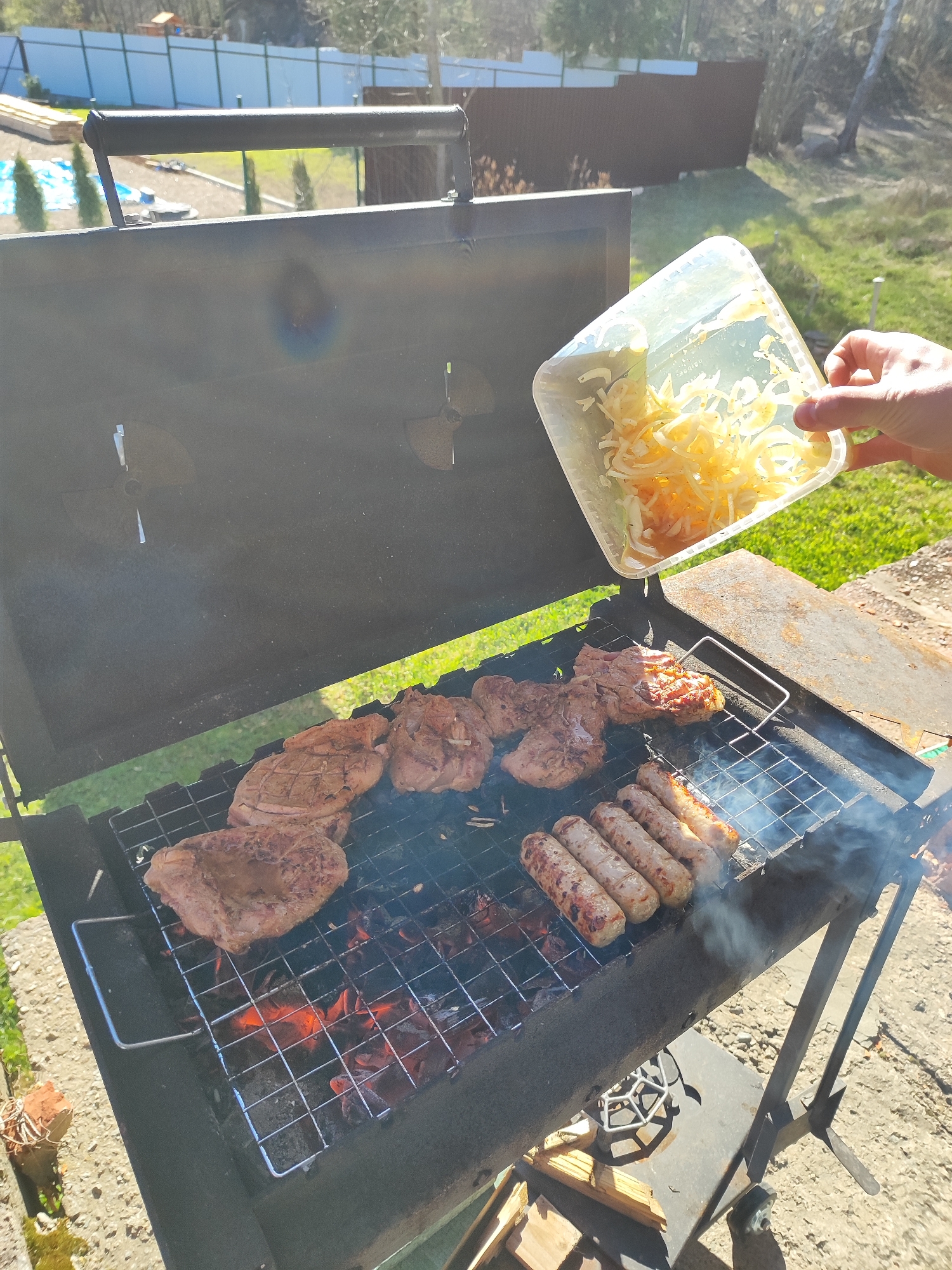 An overhead, eye-level shot captures an outdoor barbecue scene in bright daylight. The main subject is a black, rectangular charcoal grill, known as a mangal, actively cooking various meats over glowing red embers and coals. Smoke rises from the grill, particularly from beneath the cooking grate.
On the metal grate, several pieces of reddish-brown meat, appearing to be pork chops or steaks, are grilling. To their right, a row of five sausages is also cooking, showing signs of browning. In the upper right corner of the frame, a person's hand, with lightly tanned skin, holds a clear plastic container filled with thinly sliced white onions, possibly marinated, over the grill, suggesting they are about to add them to the cooking food.
The grill itself is supported by dark metal legs, one of which has a small wheel visible at the bottom right. The ground beneath and around the grill is a mix of concrete and dirt. In the background, beyond the grill, a lush green lawn is visible under bright sunshine, with a long, light-colored corrugated metal fence running across the mid-ground. Further back, trees and shrubs are scattered across a gently sloping area, with hints of a brown wooden fence section and some construction materials, including blue tarps and stacked wood planks, visible on the left. The scene evokes a casual, sunny outdoor cooking event. No text is visible in the image.