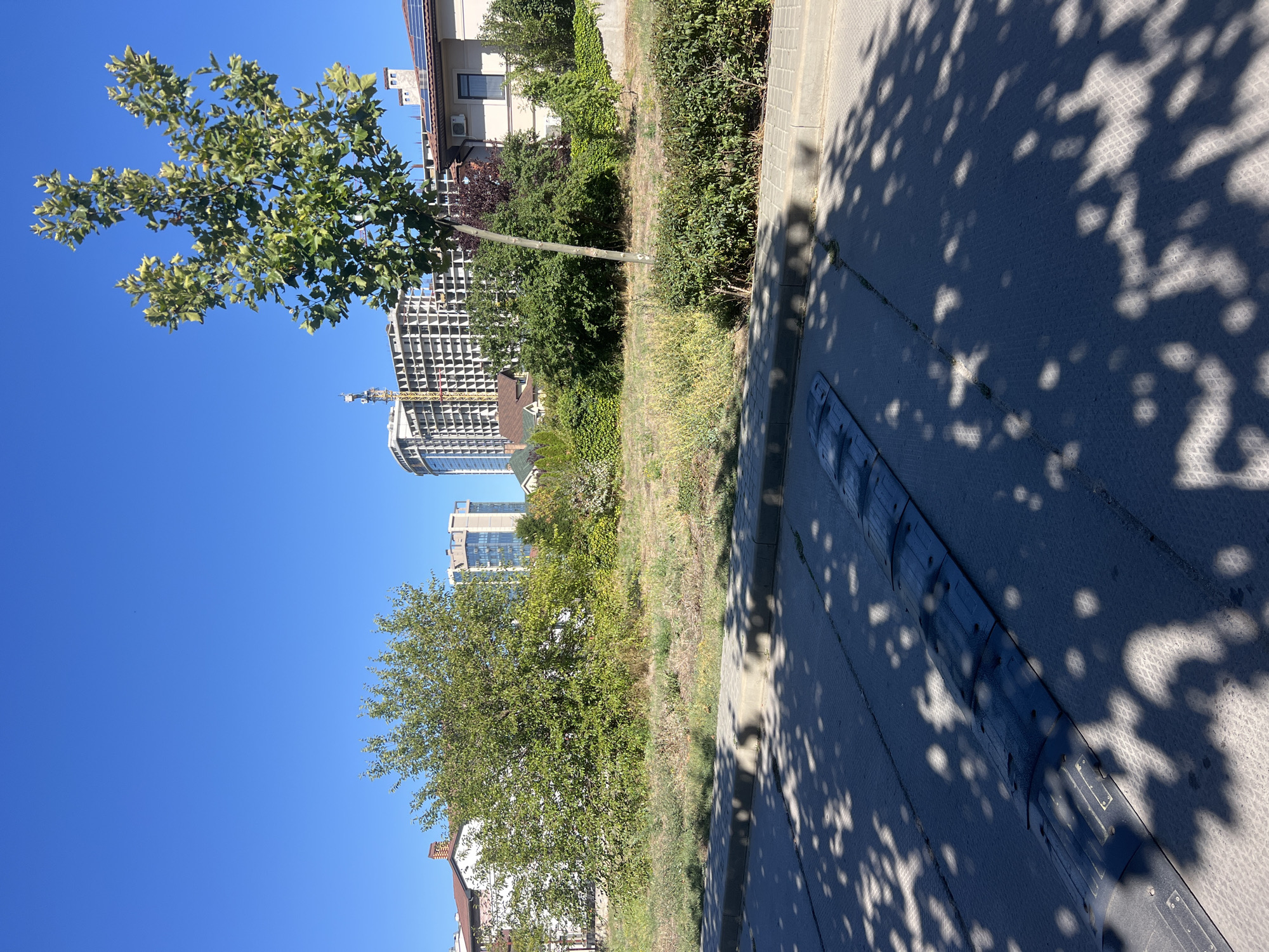 The image depicts a street scene in Fontanka, Ukraine, under a clear blue sky. In the foreground, a dark-colored speed bump is visible on a paved road. Tree shadows are cast across the road, suggesting the presence of nearby trees. Beyond the road, there is a strip of dry grass and vegetation, bordered by a low concrete curb and a sidewalk with pavers. Further in the background, several buildings are present: a modern, multi-story residential building under construction with a crane, a detached house with solar panels on the roof, and other residential structures. Green trees and bushes are scattered throughout the landscape, creating a mix of natural and urban elements. There are no people or vehicles visible in the scene.
