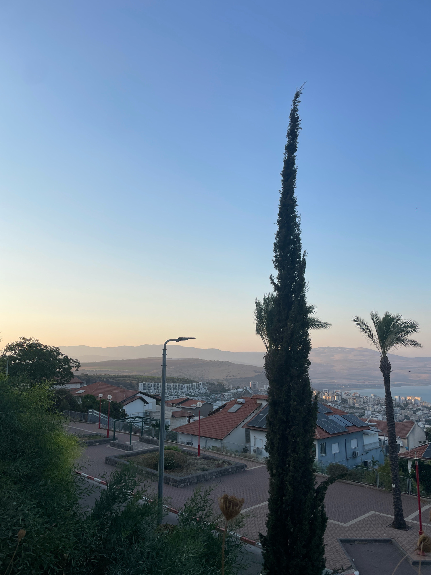 The image captures a serene, elevated view of Tiberias, Israel, likely taken at dawn or dusk. The sky is a gradient of soft blue and pale orange, hinting at the setting or rising sun. In the foreground, lush green foliage partially obscures a paved walkway with red and white striped markings. A tall, slender cypress tree dominates the right side of the frame, its dark green needles stark against the sky. To its right, a palm tree stands shorter and broader.
The middle ground reveals a residential area with houses featuring red tile roofs and some with solar panels. A streetlamp with a modern, angular design is visible, illuminating the walkway. Beyond the houses, the city of Tiberias sprawls across the landscape, its buildings reflecting the soft light. In the distance, a body of water, likely the Sea of Galilee, is visible, with mountains forming a hazy backdrop. No people are visible in the frame, creating a tranquil and uninhabited atmosphere. The overall impression is one of peaceful coexistence between nature and urban development.