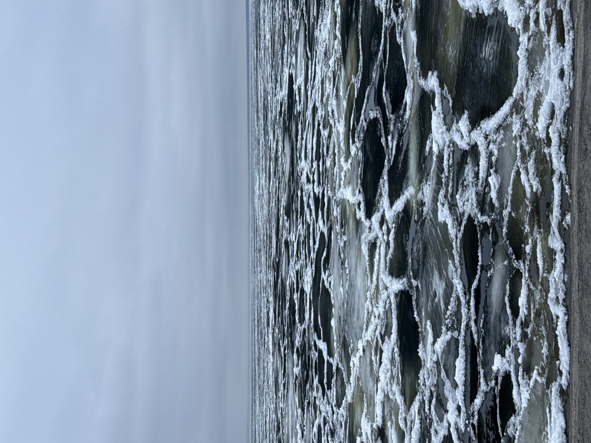The image captures a vast, icy body of water under an overcast sky, characteristic of a cold, winter day. The horizon line is visible towards the upper third of the frame, where a muted blue-grey sky meets the distant water.
The foreground and midground are dominated by dark, choppy water interspersed with striking patterns of thick, white ice. The ice has formed in an intricate, web-like or cellular structure, with sinuous lines and patches of frosty, textured ice enclosing areas of darker, open water. The exposed water areas show ripples and dark grey-green tones, suggesting movement and currents beneath the ice formations. The texture of the ice appears lumpy and crystalline, indicative of freezing conditions.
On the immediate right edge of the foreground, a dark, narrow strip, possibly a shoreline or a man-made structure like a pier, runs vertically, hinting at the edge of the body of water. The overall color palette is cool and subdued, featuring various shades of grey, white, and deep water tones, reinforcing the cold, winter atmosphere in Chaikovsky, Russia. There are no people, animals, or discernible text in the frame. The scene is a natural display of ice formation on water during an overcast day.