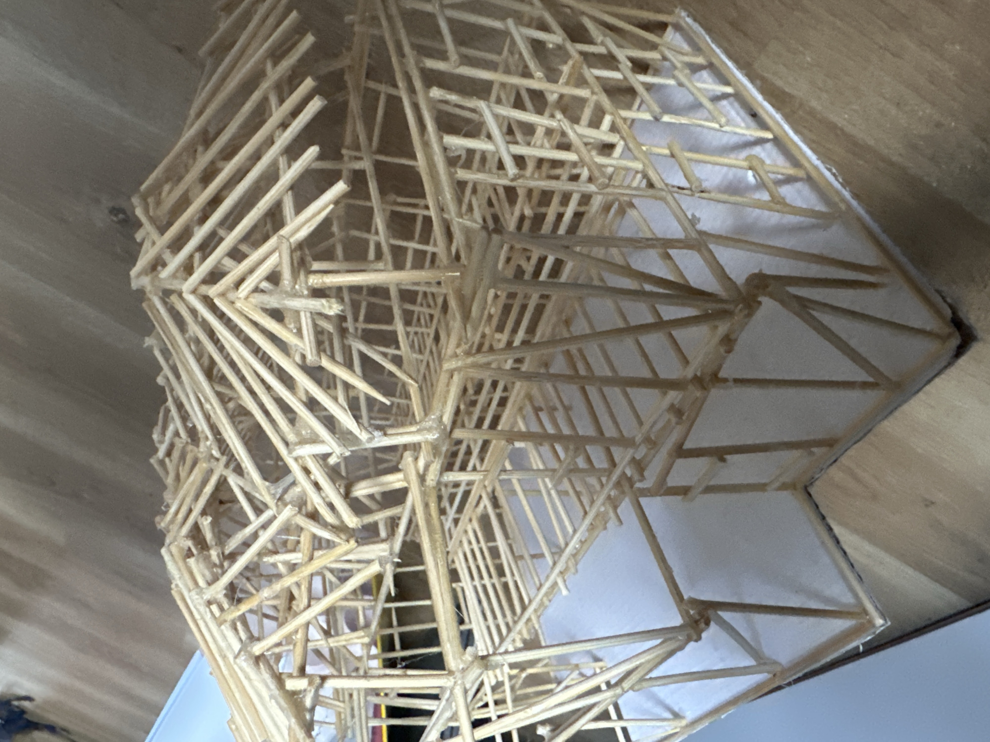 A model structure built with small wooden sticks is displayed in the image. The structure has a complex, geometric design with many interconnected elements. It appears to be elevated slightly above a surface, suggesting it is a standalone object. The environment includes what seems to be a wooden surface, possibly a table or floor. There is no visible location in the city of Sofia, Bulgaria, or any details that suggest the scene is even there. There are no people, subjects, or interactions visible.