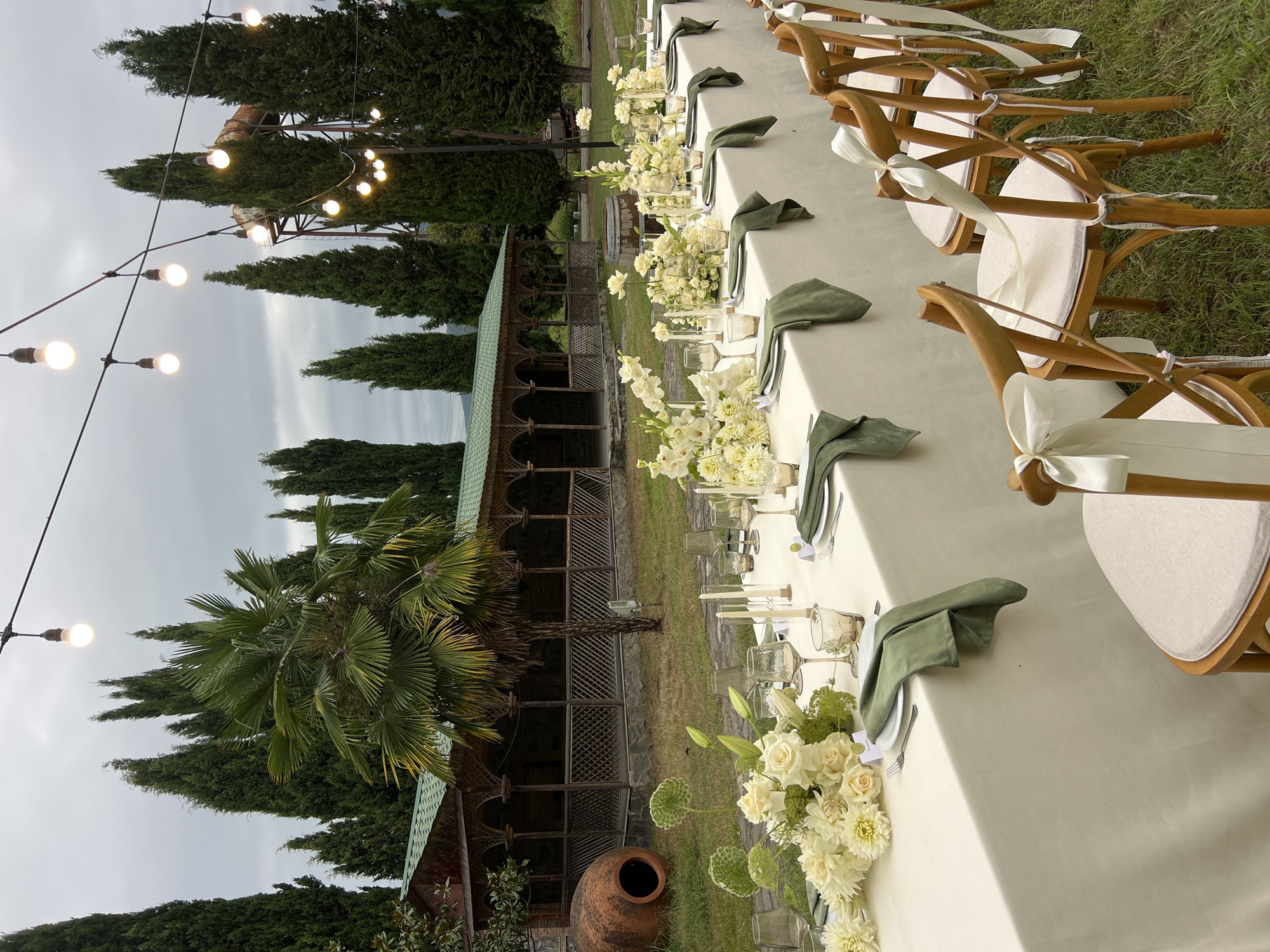 An outdoor long table set for a meal is situated in Napareuli, Georgia. The table is covered with a cream-colored tablecloth and adorned with floral arrangements of white roses and gladioli. Each place setting includes a white plate, green napkin, silverware, and glassware. Wooden chairs with white cushions and ribbons are arranged around the table. In the background, a wooden building with a green roof and intricate railings is visible, surrounded by tall cypress trees and a palm tree. A large terracotta amphora is positioned to the left of the table. String lights with incandescent bulbs are hung above the scene, illuminating the overcast sky. The ground is covered in green grass.