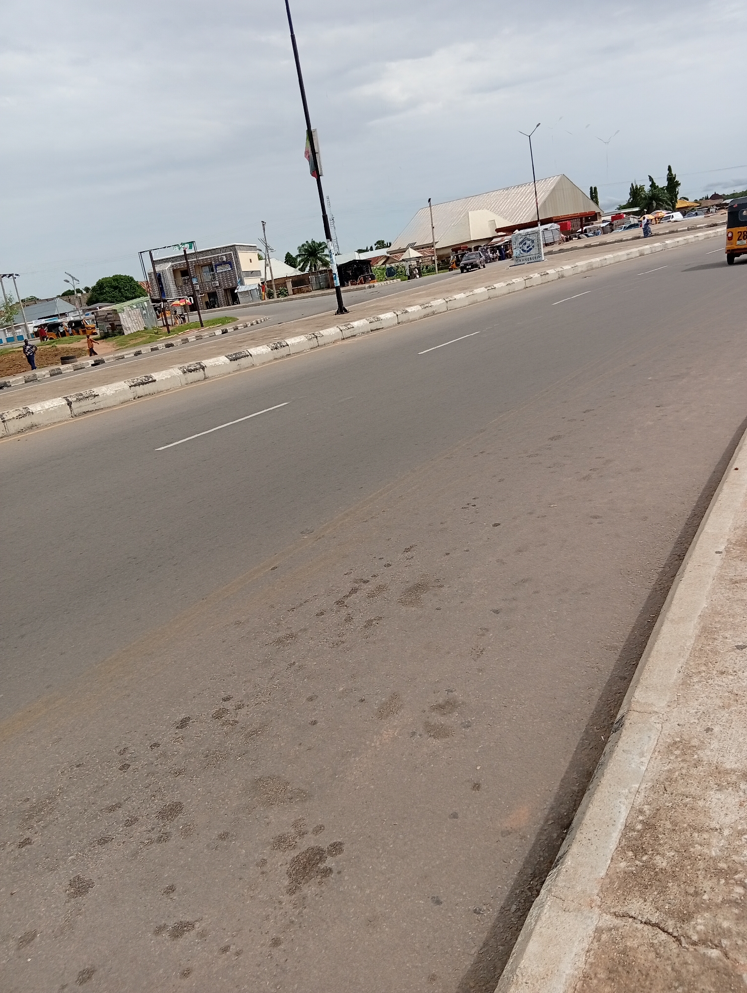 This image depicts a street scene in Jalingo, Nigeria. The foreground is dominated by a wide asphalt road with a single white line marking a lane. The road appears worn and has some dark stains. To the left, a concrete curb separates the road from a sidewalk or paved area. Beyond this, there are various buildings and structures, suggesting an urban or semi-urban environment.
In the midground, several people are visible. Some are standing near buildings, while others are walking. There are also what appear to be market stalls or small shops lining the street. Objects like vehicles, including a yellow tricycle (a common mode of transport in Nigeria), are present. A tall black lamppost with a flag attached stands prominently on the left side of the road.
The background shows more buildings, trees, and a cloudy sky. The weather appears overcast, suggesting it might be a cloudy day. The overall scene conveys a sense of everyday activity in a Nigerian town. No specific event is clearly taking place, but rather the general ambiance of a street with people going about their business.
There is some text visible on a sign attached to one of the buildings, but it is too blurry to read. The scene is likely captured during daylight hours, given the illumination. The location context of Jalingo, Nigeria, provides a geographical anchor for the scene.