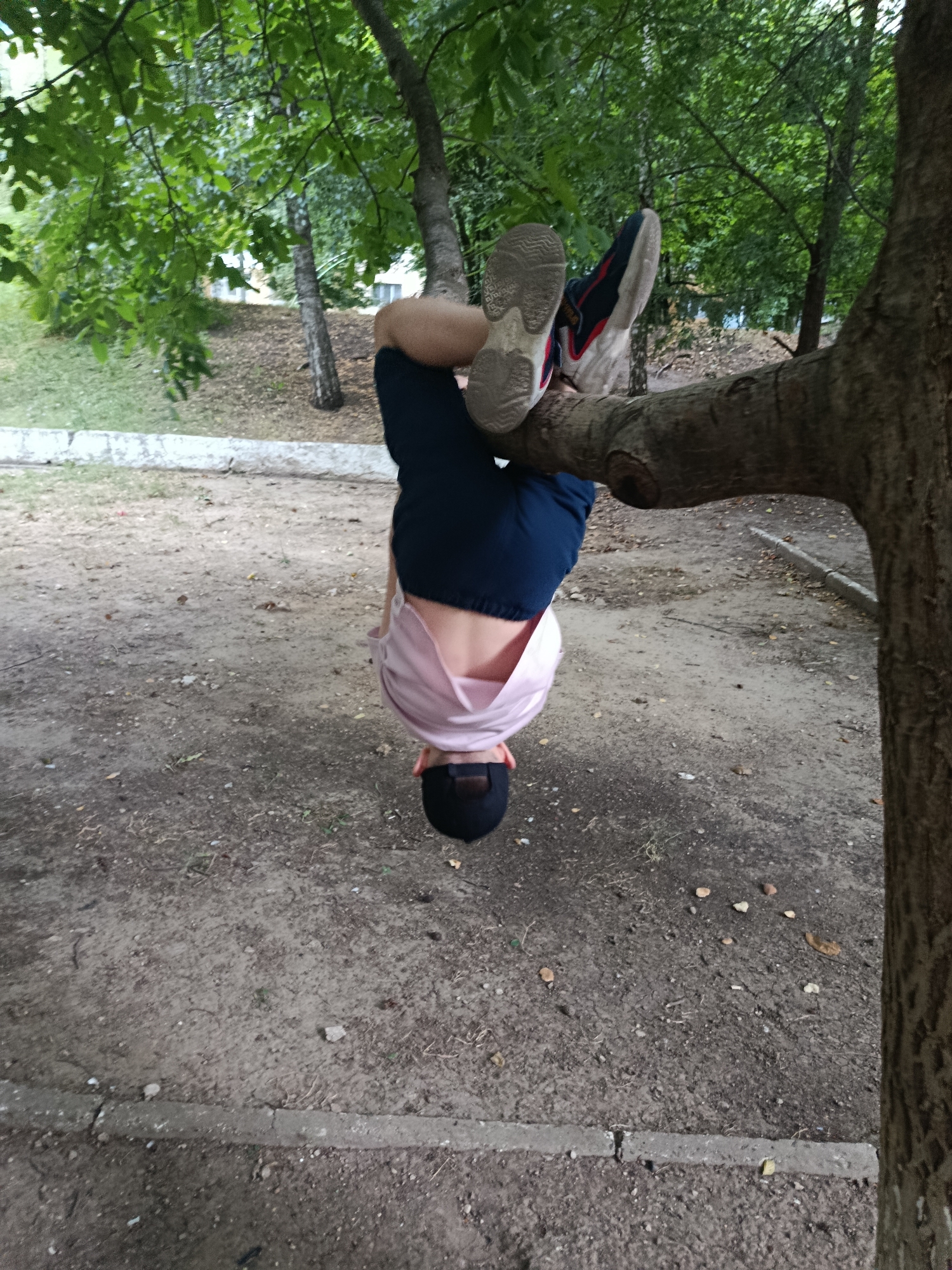 A person is hanging upside down from a tree branch in an outdoor urban environment. The person is wearing dark blue shorts, a light pink shirt, a black baseball cap, and athletic shoes. The background shows trees, a grassy area, and a dirt path with some scattered leaves and debris. The scene appears to be a park or a courtyard in Chișinău, Moldova.