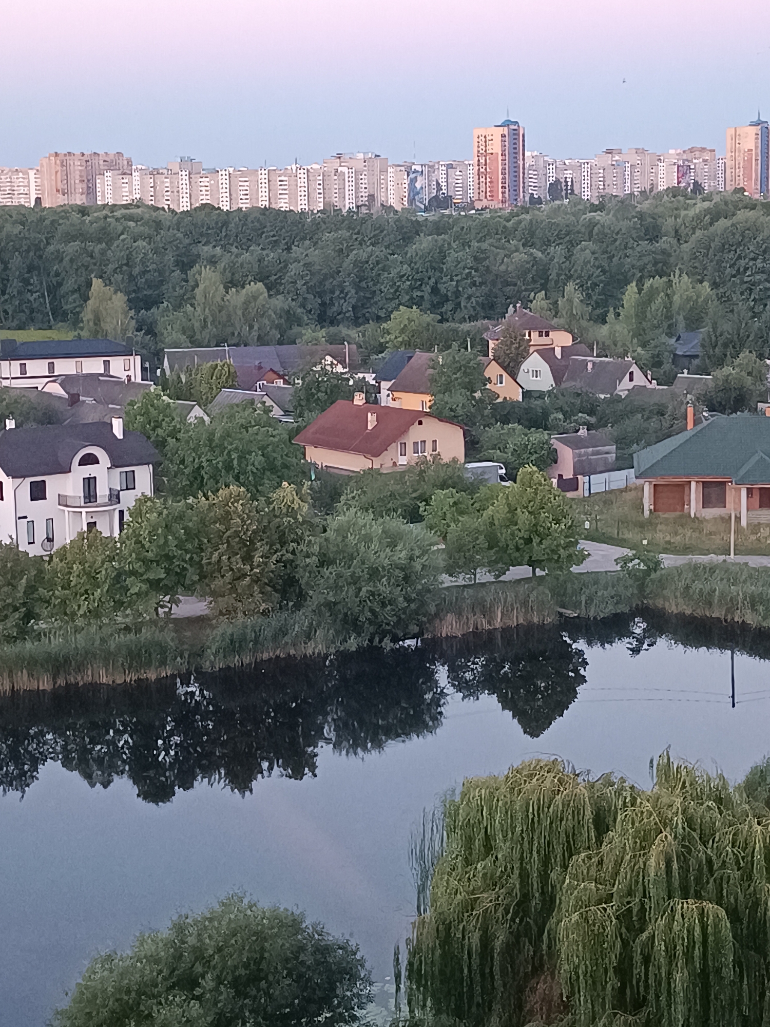 The image depicts a panoramic view of a residential area in the city of Brest, Belarus, adjacent to a body of water. In the foreground, a calm lake reflects the surrounding vegetation and the sky. The lake is bordered by a dense growth of reeds. Further inland, a collection of houses with varied architectural styles and roof colors are nestled among lush green trees. Prominent among these is a modern, two-story white house with a dark roof and a balcony. Behind the houses, a dense forest forms a natural barrier. In the background, a long stretch of high-rise apartment buildings marks the city skyline, with taller, distinct buildings visible among them. The sky above is a pale, soft gradient, suggesting either early morning or late evening light. There are no people visible in the scene.