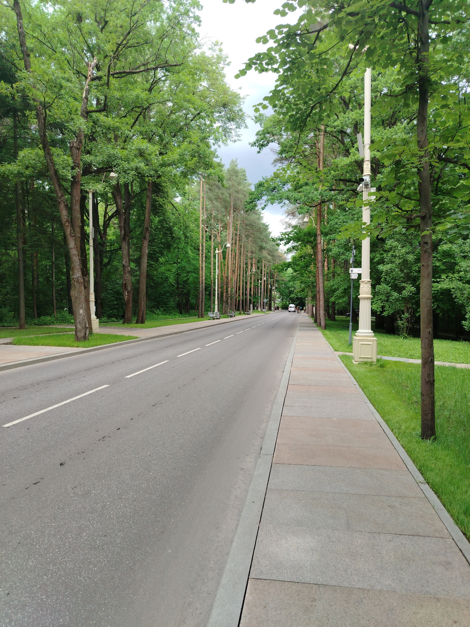 This media file shows an exterior, eye-level, full shot of a paved road and sidewalk lined with lush green trees. The road has white lane markings and a grey asphalt surface. The sidewalk is made of large, rectangular grey and beige tiles. On the right side of the sidewalk, there is a tall, ornate lamppost with a light fixture. Beyond the sidewalk, there is a neatly mowed green lawn, and then a dense forest of various trees, including tall pines and broader-leafed deciduous trees. The trees are full of green leaves, suggesting it is summertime. The sky is overcast, indicating a cloudy day. In the distance on the road, a white van can be seen. The scene appears to be a park or a well-maintained road within a natural setting. There are no visible people or animals. The overall mood is peaceful and serene, emphasizing the beauty of nature. The location is identified as Moscow, Russia.