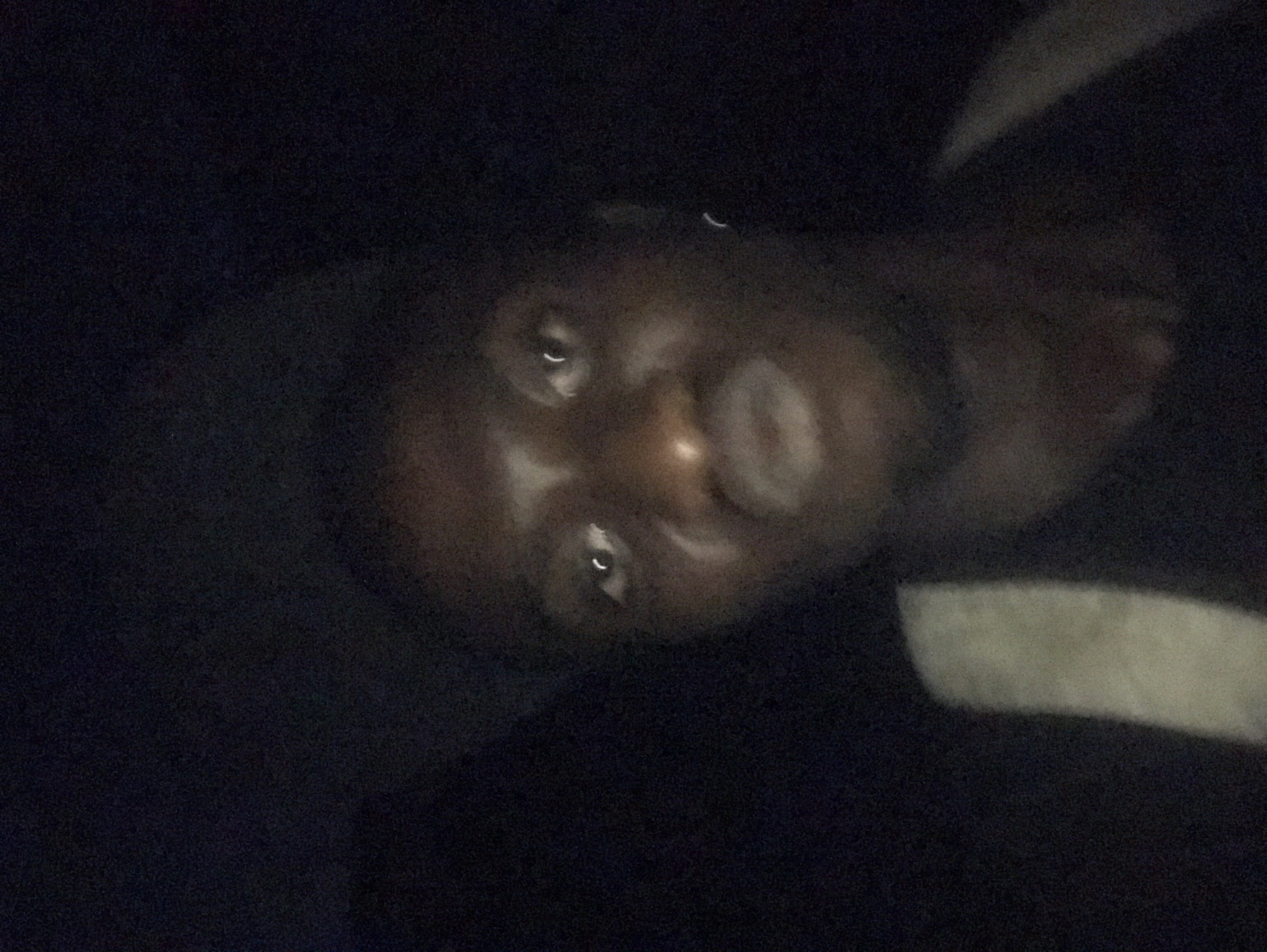 The media file is a close-up, dimly lit, sideways photograph of a person's face. The individual appears to be of African descent with dark skin. Their eyes are open and looking upwards, with a reflection visible in the left eye. The nose is prominent, and the lips are slightly parted. The hair is dark and appears curly or textured. The background is almost entirely black, suggesting a dark or unlit environment. A light-colored, horizontally oriented shape is visible on the right side of the image, possibly a piece of clothing or an object. The lighting is low, creating shadows and a generally dark and indistinct image. No text is visible. The overall impression is one of a candid, perhaps accidental, photograph taken in low light conditions.