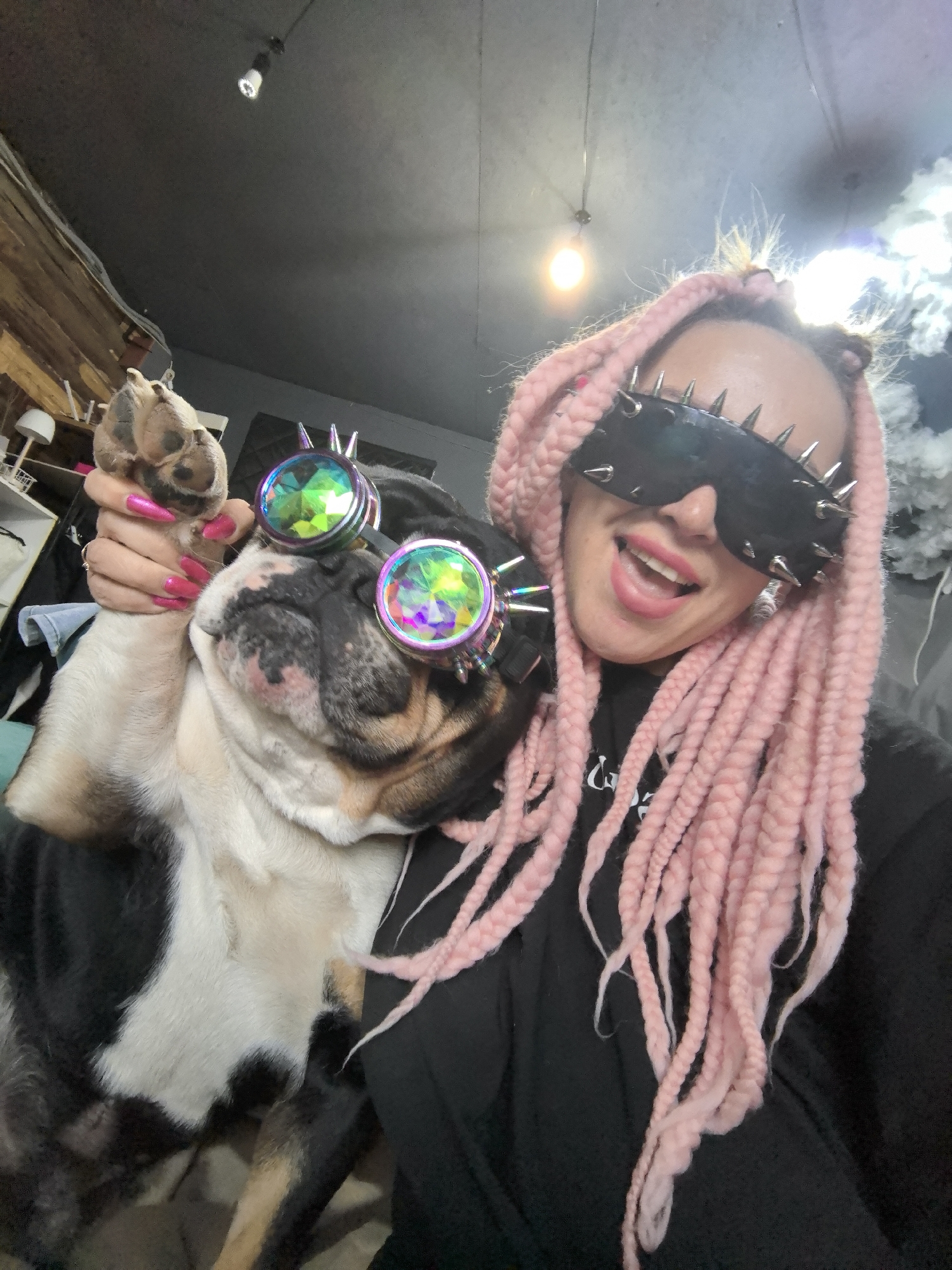 A woman with pink braided hair wearing black spiked goggles is taking a selfie with a bulldog wearing colorful round glasses. The woman is holding the dog's paw in her left hand, and both are smiling. The background is a room with a dark ceiling, exposed lightbulbs, and some shelves with items on them.