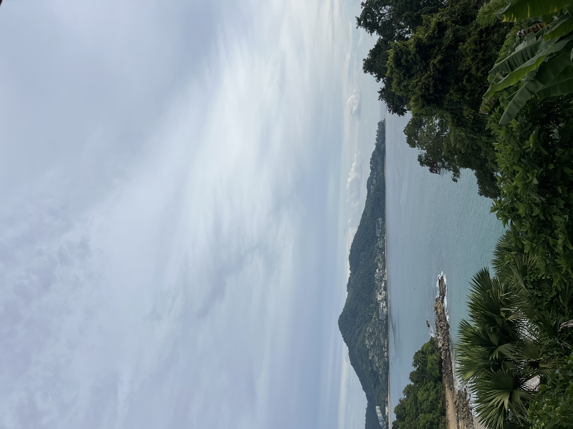 The image depicts a serene coastal landscape, likely in Ban Bang Thao, Thailand. A lush green, mountainous island dominates the center of the frame, its slopes dotted with buildings and dense vegetation. The island slopes down to meet the tranquil, blue ocean. In the foreground, a rocky shoreline is visible, with waves gently lapping against it. Tropical foliage, including palm trees and broad-leafed plants, frames the lower portion of the image, suggesting a warm, humid climate. The sky is overcast with soft, diffused light, creating a tranquil and slightly moody atmosphere. There are no people visible in the image.