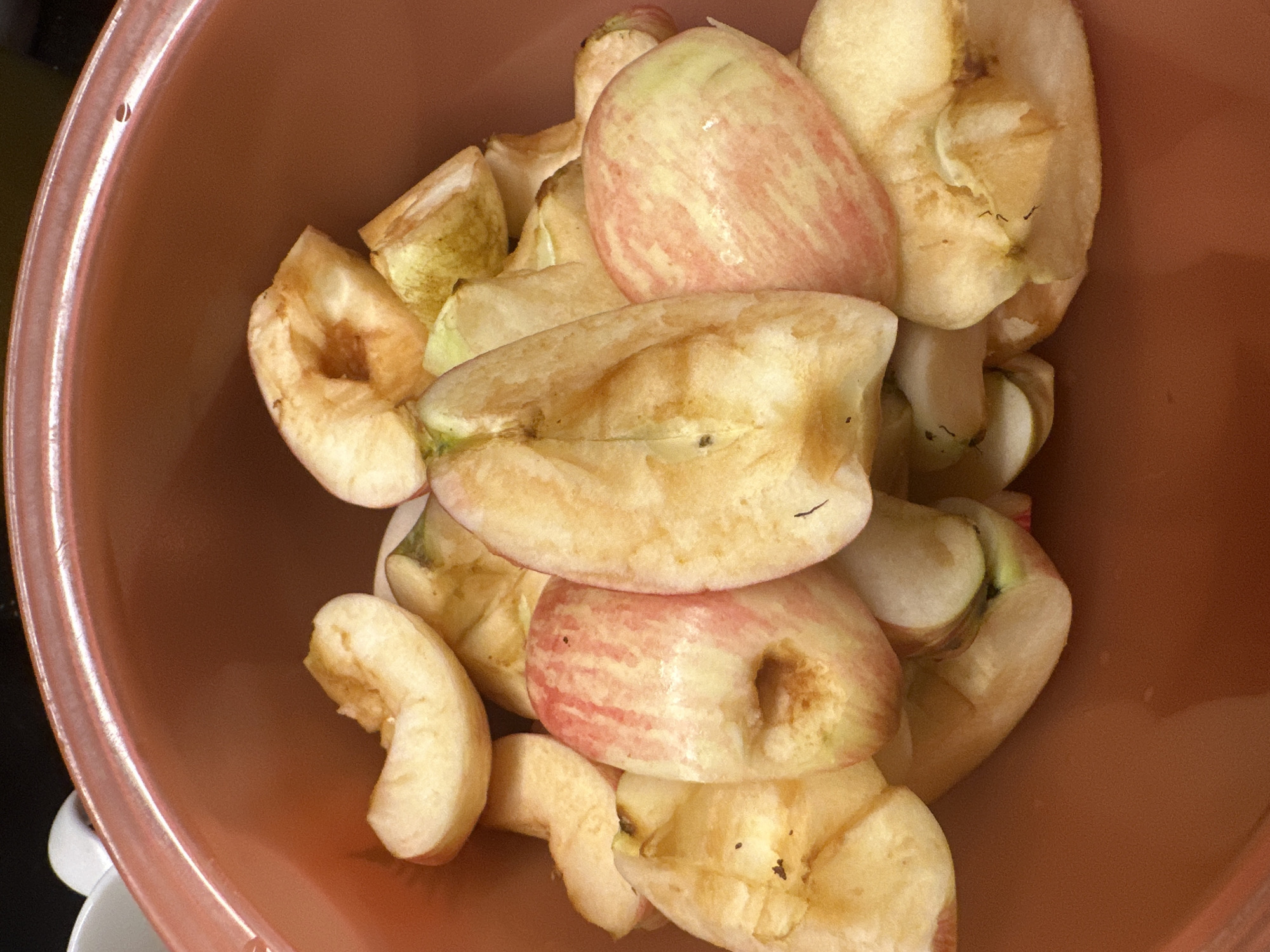 The image shows a close-up, overhead view of sliced apples in a pink plastic bowl. The apple slices are varied in shape and size, with some showing remnants of skin with red streaks. The flesh of the apples is a light yellow to golden brown color, and some pieces reveal the core area. The bowl is a translucent pink color and appears to be made of plastic. The background is dark and out of focus. There is no indication of the city of Nevinnomyssk, Russia, or any specific location within a city. The scene depicts a domestic setting, likely a kitchen, where apples have been prepared for consumption or cooking.