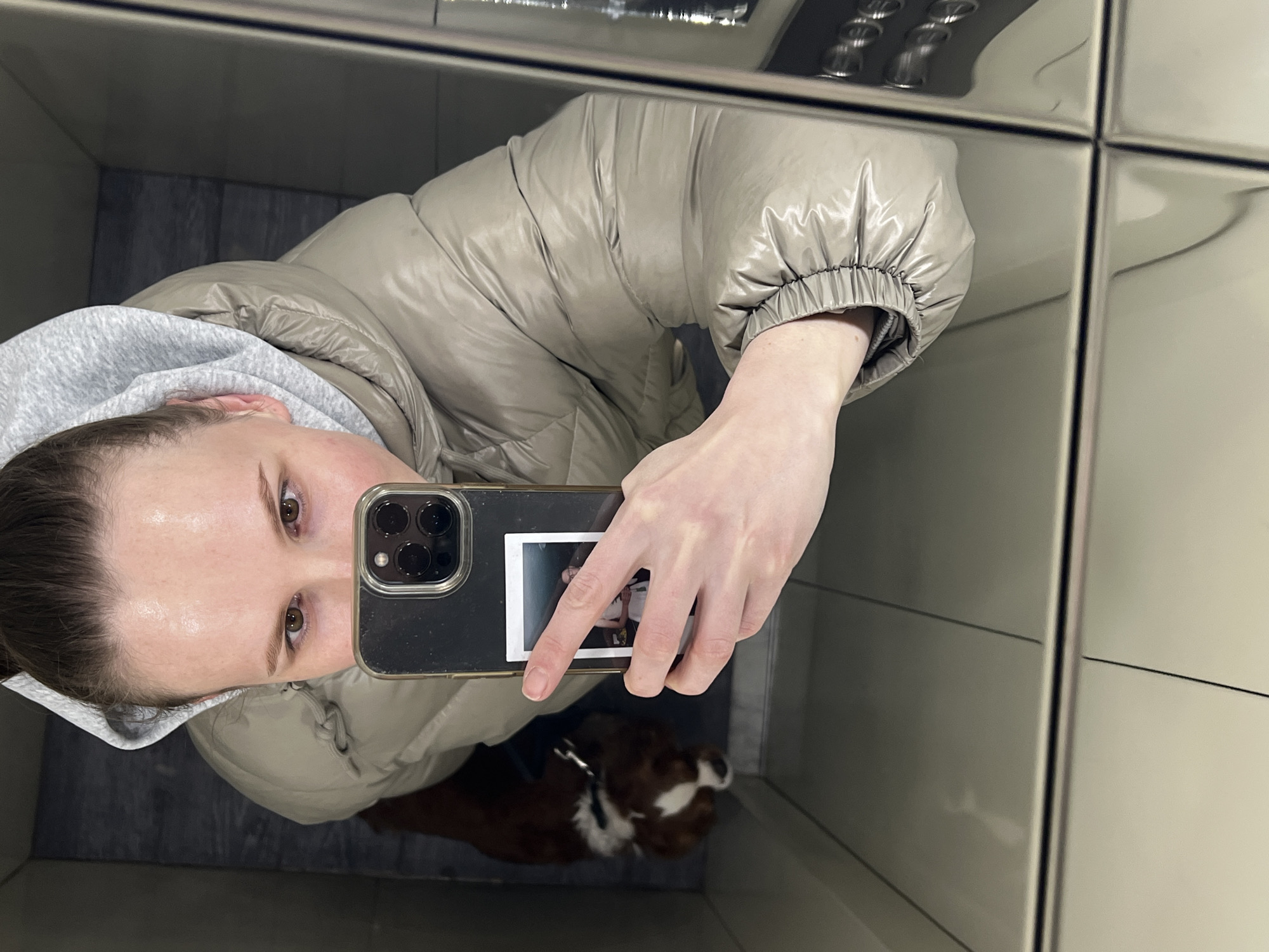 A woman is taking a selfie in what appears to be a mirrored elevator. She's wearing a light grey puffer jacket with a hood and holding a phone with a photograph attached to the back. A dog is visible below her, presumably on the elevator floor. The reflective surface indicates a tiled or paneled wall, potentially indicating that it could be the Khimki Business Park.
