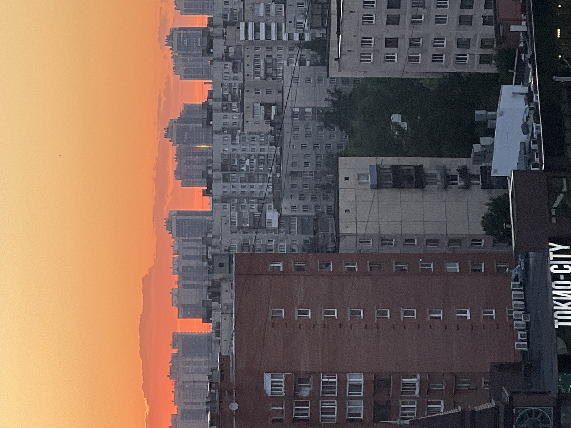 The image captures a cityscape at dusk, with the sky painted in vibrant shades of orange and yellow, indicative of a sunset. Dominating the foreground is a tall, reddish-brown brick building with numerous windows, many of which appear to be closed or covered. To the left of this building, a dark, spire-like structure with a clock face is partially visible.
Behind the brick building, a cluster of grey apartment buildings stretches across the midground. These buildings are characterized by their repetitive architectural style, featuring many windows and balconies. Some of these buildings exhibit signs of wear, with visible signs of air conditioning units or other external fixtures.
In the background, a dense array of taller, modern apartment complexes rises, some reaching higher than the midground buildings. These structures are also predominantly grey, with rows of windows. The sunset's intense glow is visible between these buildings, casting a bright orange light on them.
The image also shows a scattering of trees, mostly dark green, amidst the concrete structures, adding a touch of nature to the urban environment. The ground level is not visible. A sign with the Cyrillic text "ТОКИО-CITY" (Tokio-City) is illuminated in white letters on a dark surface in the lower part of the image. This suggests that the location is likely a district or development named "Tokio-City" within the city of Ladozhskoe Ozero, Russia. The overall impression is of a densely populated residential area during the transitional light of early evening.