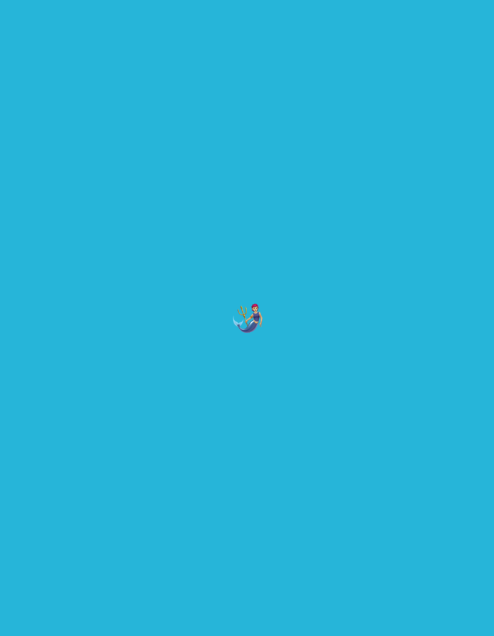 The image displays a stylized, cartoon-like depiction of a mythical humanoid figure, resembling a merman or mermaid, set against a solid, uniform background of bright turquoise blue. The figure is positioned centrally within the frame, slightly to the left of the horizontal midpoint.
The subject has fair skin, short reddish-brown hair, and is wearing a dark purple top. From the waist down, the figure transitions into a prominent blue and purple fish tail, shown with a curved, dynamic posture suggesting upward movement. In its right hand, the figure holds a golden, three-pronged trident, angled upwards. The figure's head is slightly tilted to the right, and its gaze is directed generally forward.
The background is entirely devoid of any features, textures, or environmental context. There are no visual elements within the image that provide geographical information or suggest a specific location, such as the city of Santa Ana, Venezuela.