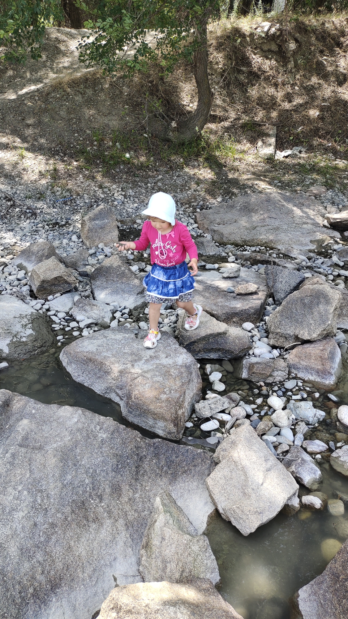 In Taldykorgan, Kazakhstan, a young girl, likely of toddler age, navigates a rocky streambed. She is wearing a white sun hat, a long-sleeved pink shirt with graphics, and a blue denim skirt over patterned shorts. Her feet are clad in sandals. The streambed is composed of various sizes of rocks, with shallow water flowing between them. The girl is captured mid-stride, appearing focused as she carefully steps from one large rock to another. She is holding a small pebble in her right hand.
The background reveals a dry, dusty hillside covered with sparse vegetation and a few trees. The lighting suggests it is daytime, with sunlight casting shadows. The overall scene depicts a child exploring a natural outdoor environment. The girl's posture and the action of her stepping suggest a moment of playful exploration or a deliberate attempt to cross the stream.