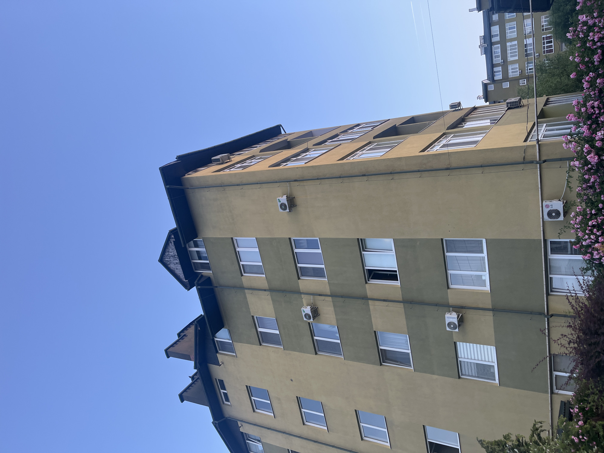 A multi-story building stands prominently against a clear, bright blue sky in Mynai, Ukraine. The building features a facade with alternating vertical stripes of pale olive-green and a darker moss-green. Numerous rectangular windows with white frames are visible, some of which are open. Several outdoor air conditioning units are mounted on the building's exterior; one unit on the lower right prominently displays the "LG" logo. Dark pipes or cables run horizontally across the building's surface.
To the right of the main building, vibrant pink flowers, resembling climbing roses, and lush green foliage add a touch of natural color to the urban scene. In the upper right background, another taller, lighter-colored apartment building with many windows can be seen. The sky is largely cloudless, suggesting a sunny day, with a faint contrail visible in the upper sky. The image is captured from a low-angle perspective, looking upwards at the buildings. No human activity is visible, depicting a tranquil daytime scene in an urban environment.