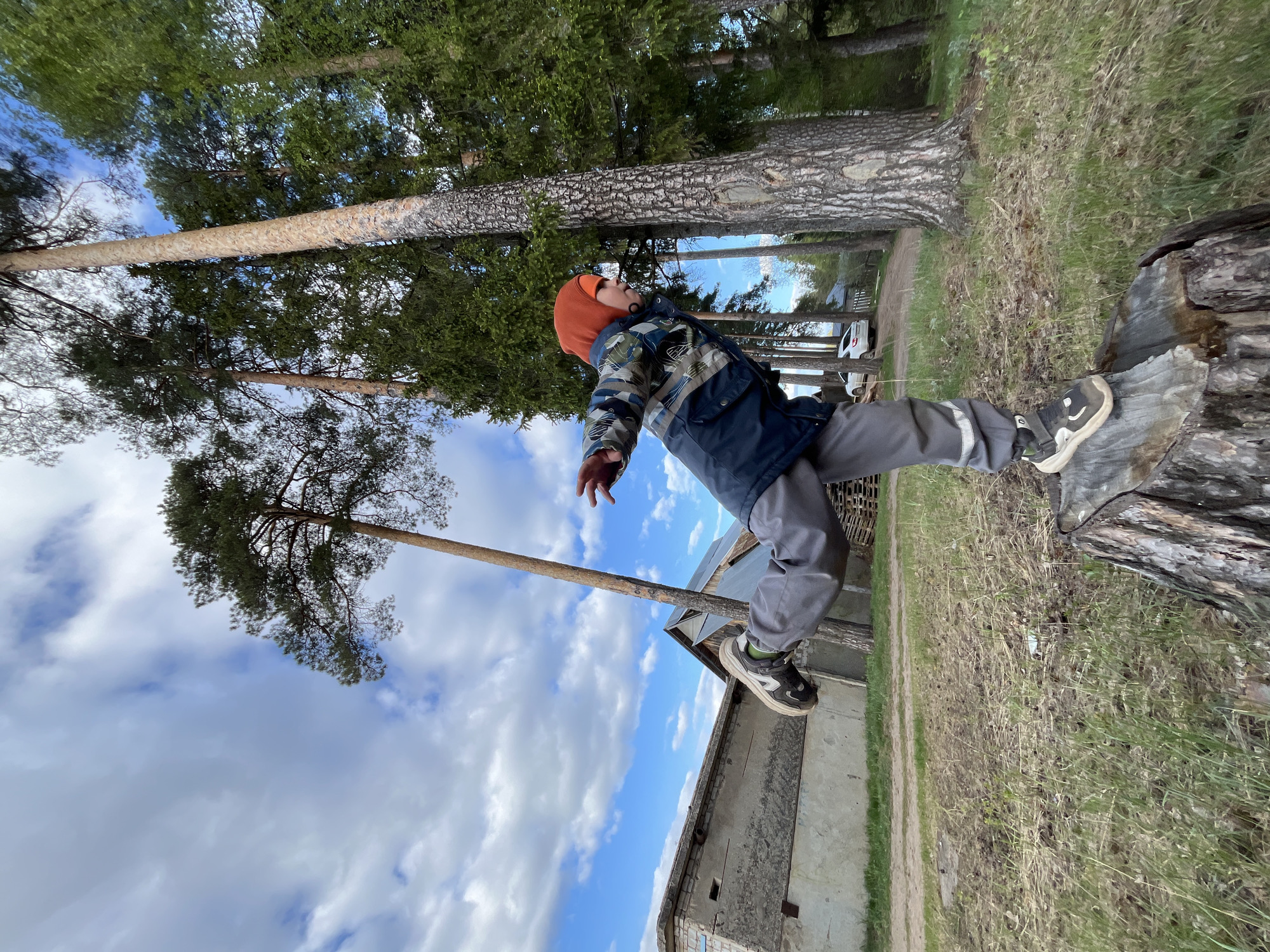 A boy wearing an orange hat, a camouflage jacket, and gray pants stands on a tree stump. His left arm is outstretched. Trees are in the background. A building is partially visible in the lower center of the image. The sky is blue with scattered clouds. The location is likely Chaikovsky, Russia.