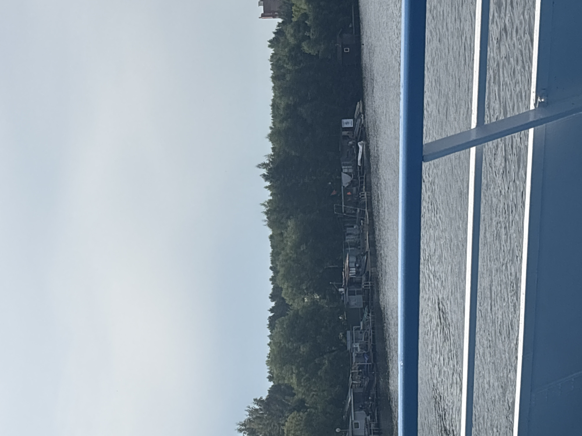 The image depicts a waterfront scene with a dense line of trees forming the background. In the foreground, a body of water is visible, with a blue railing and a white railing in front of it. Along the edge of the water, there is a collection of small structures, some appearing to be shacks or makeshift dwellings, possibly used as boathouses or storage. A few boats are present near these structures. The sky above is overcast and light blue. To the far right, a reddish-brown building is partially visible behind the trees. The overall impression is one of a somewhat rustic or undeveloped waterfront area.
