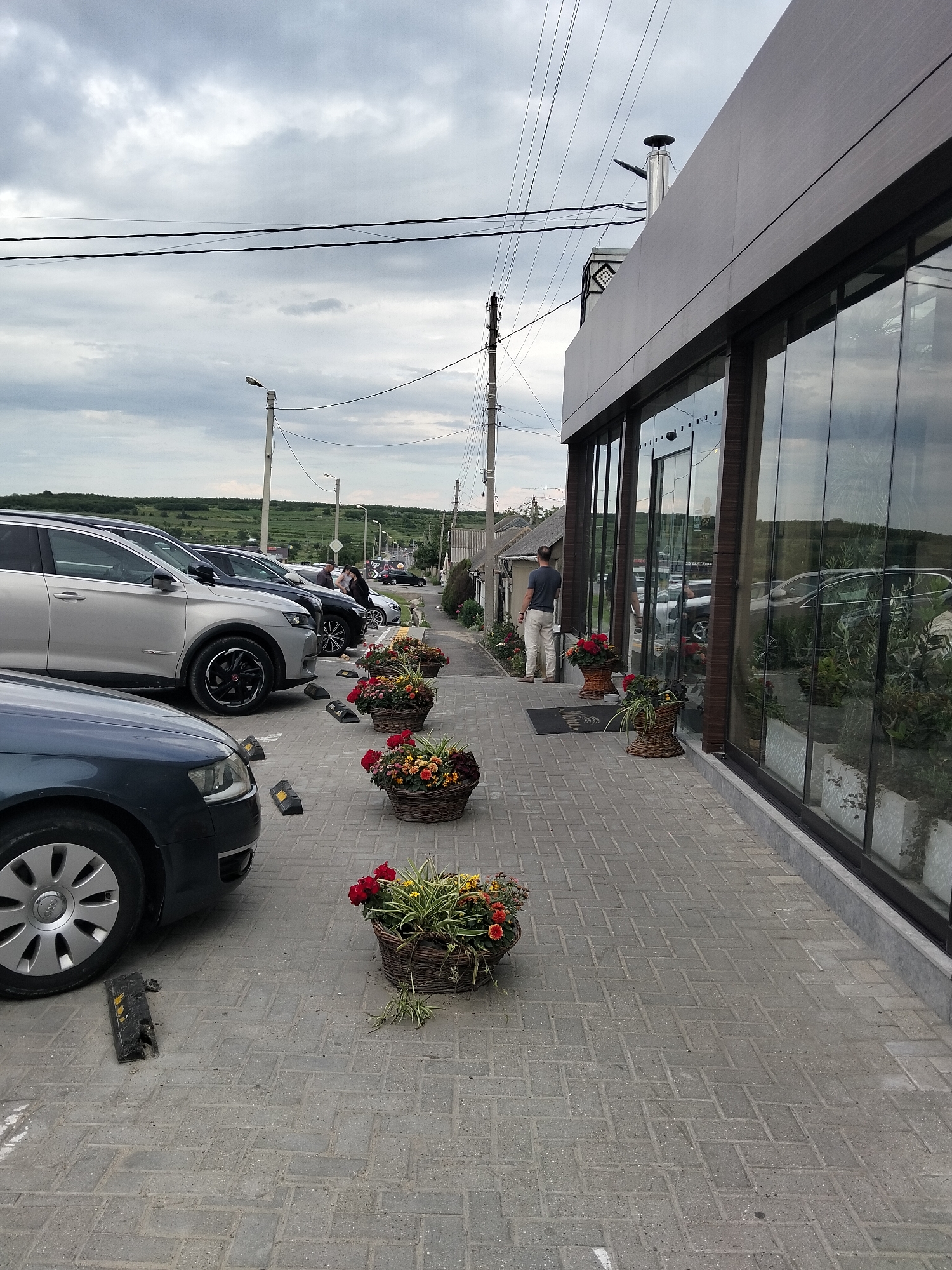 The image depicts an overcast day in Peresecina, Moldova, with a street-level view of a modern building with a glass facade. The building appears to be a business, possibly a restaurant or shop, with several large windows reflecting the surrounding environment. In front of the building, a paved walkway is lined with several decorative woven baskets filled with colorful flowers. A few cars are parked along the street in the background, and a person is standing on the walkway near the entrance of the building, facing away from the camera. The ground is paved with interlocking grey bricks. The sky is cloudy and a power line stretches across the upper portion of the image. The overall impression is one of a suburban or semi-urban commercial area on a cloudy day.