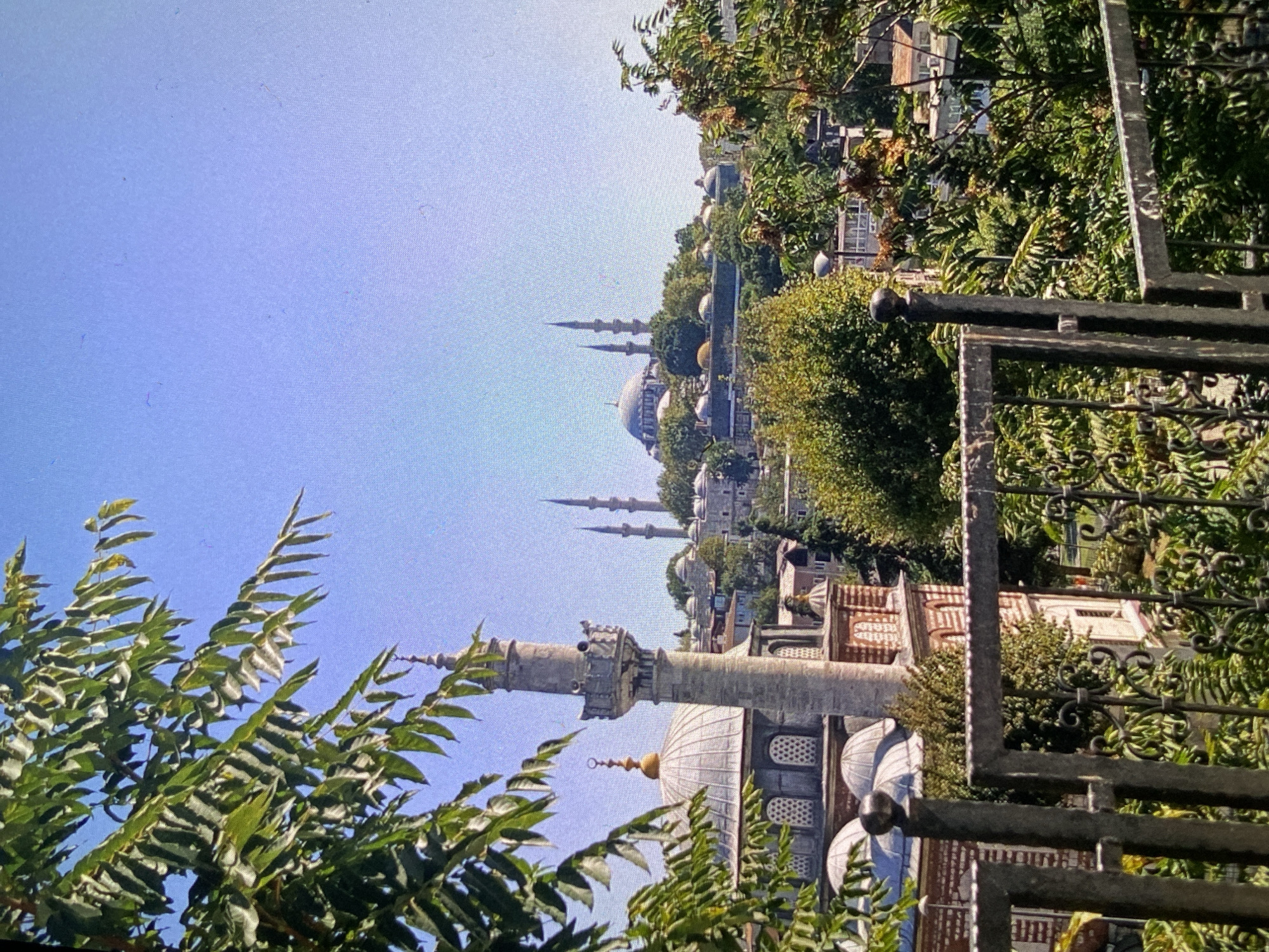 The image, oriented correctly, presents a bright, daytime view of a cityscape dominated by grand religious architecture, seen from an elevated perspective. In the immediate foreground, vibrant green foliage and a dark, ornate metal fence partially frame the scene.
Beyond the foreground elements, the midground is characterized by several large, domed buildings and numerous tall, slender minarets, typical of mosques. One minaret stands out prominently in the left-center, showcasing its intricate details and circular balcony. Further into the background, additional domes and minarets are visible amidst a dense cluster of trees and other structures, suggesting a sprawling architectural complex situated on a hillside. The sky above is a clear, bright blue, indicating sunny weather. No specific activities or individuals are discernible within the frame.
The architectural style, with its distinctive domes and multiple minarets, is characteristic of Ottoman Islamic architecture. While the provided location context is Bankya, Bulgaria, the prominent architectural features strongly resemble those found in cities with significant Ottoman heritage, such as Istanbul, Turkey, rather than typically associated with a Bulgarian town. There is no visible text in the image.