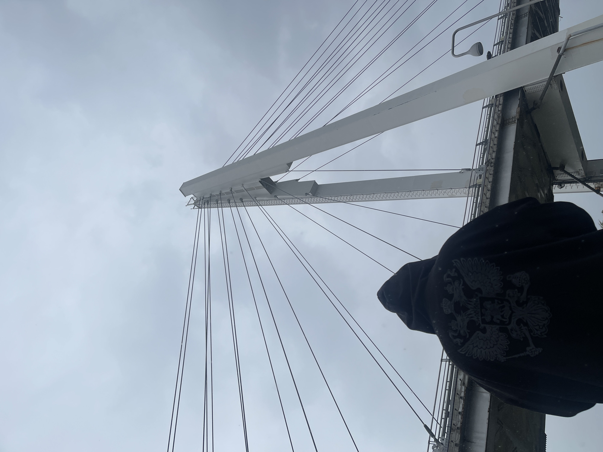 The image shows a low-angle view looking up at a cable-stayed bridge on a cloudy day. The dominant elements are the white pylon and beams of the bridge, and the numerous dark cables stretching outwards. In the foreground, partially obscuring the view of the bridge structure, is the back of a person wearing a black hooded jacket. The jacket has a prominent emblem on it, which appears to be a double-headed eagle. The scene is outdoors, and the overcast sky suggests cool or cold weather, possibly with light precipitation, as small white specks that could be snowflakes or raindrops are visible. The overall mood is somewhat somber due to the weather and the starkness of the bridge's design against the grey sky. The location is identified as Khimki, Russia, a detail that might align with the prominent double-headed eagle emblem, which is a symbol of Russia. No visible text is present in the image.