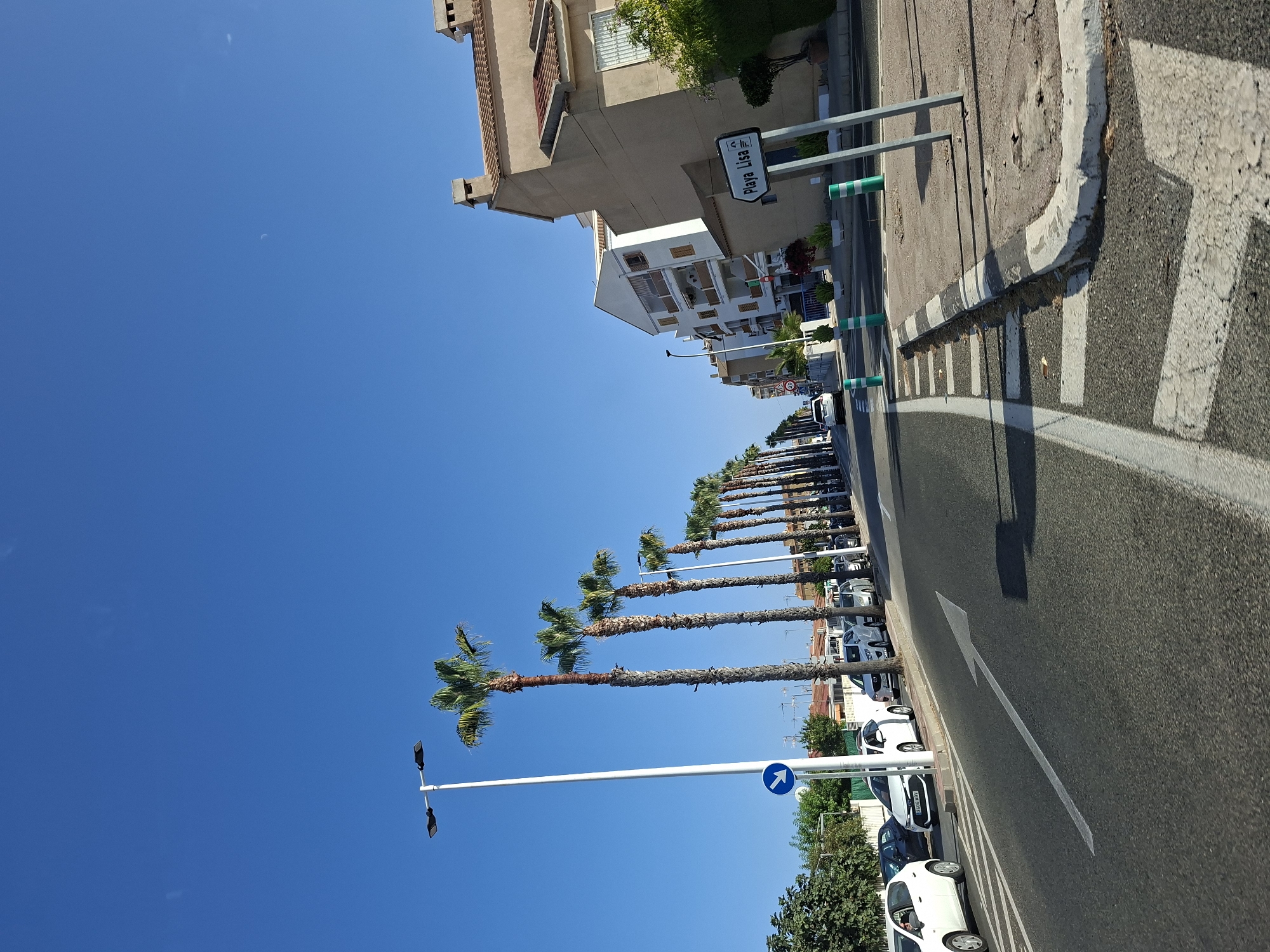 This image depicts a street scene in Santa Pola, Spain, characterized by a clear blue sky and a row of tall palm trees lining the right side of the road. The road itself is asphalt, marked with white directional arrows and lane dividers. Several cars are parked along the curb on the left side of the road, and a few are driving. Buildings with tiled roofs and balconies are visible on the right, with a street sign pointing to "Playa Lisa". White and green bollards are placed along the sidewalk. The overall environment suggests a sunny day in a coastal town.