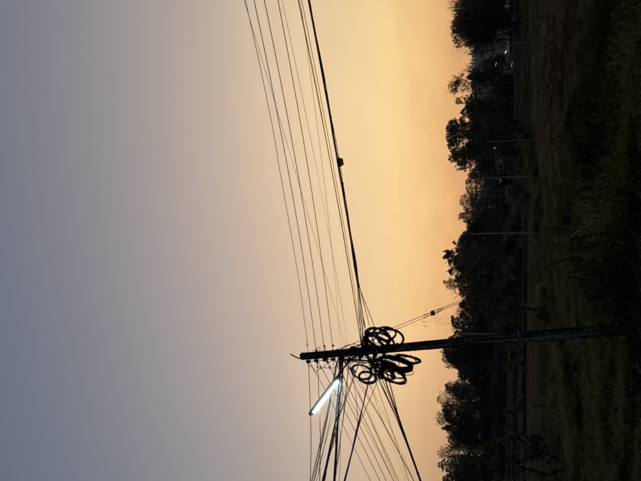 The scene is located in Ban Huai Sai, Thailand, at dusk or dawn. The sky displays a gradient, transitioning from a light blue-grey at the zenith to an orange-yellow hue near the horizon. In the left-center foreground, a dark utility pole stands vertically. Attached to this pole is a rectangular, illuminated fluorescent light fixture emitting a bright white-blue light. Numerous black electrical and communication wires extend horizontally across the frame, originating from and connected to the pole, with several bundles of coiled black wires also affixed to the pole. The midground and background consist of a dark silhouette of dense trees and foliage, appearing as an irregular horizontal band below the sky. Beneath the tree line, the ground is covered with dark, low-lying vegetation or grass. Faint, distant light sources, possibly from buildings or vehicles, are visible through the trees on the far right. No human figures are present.