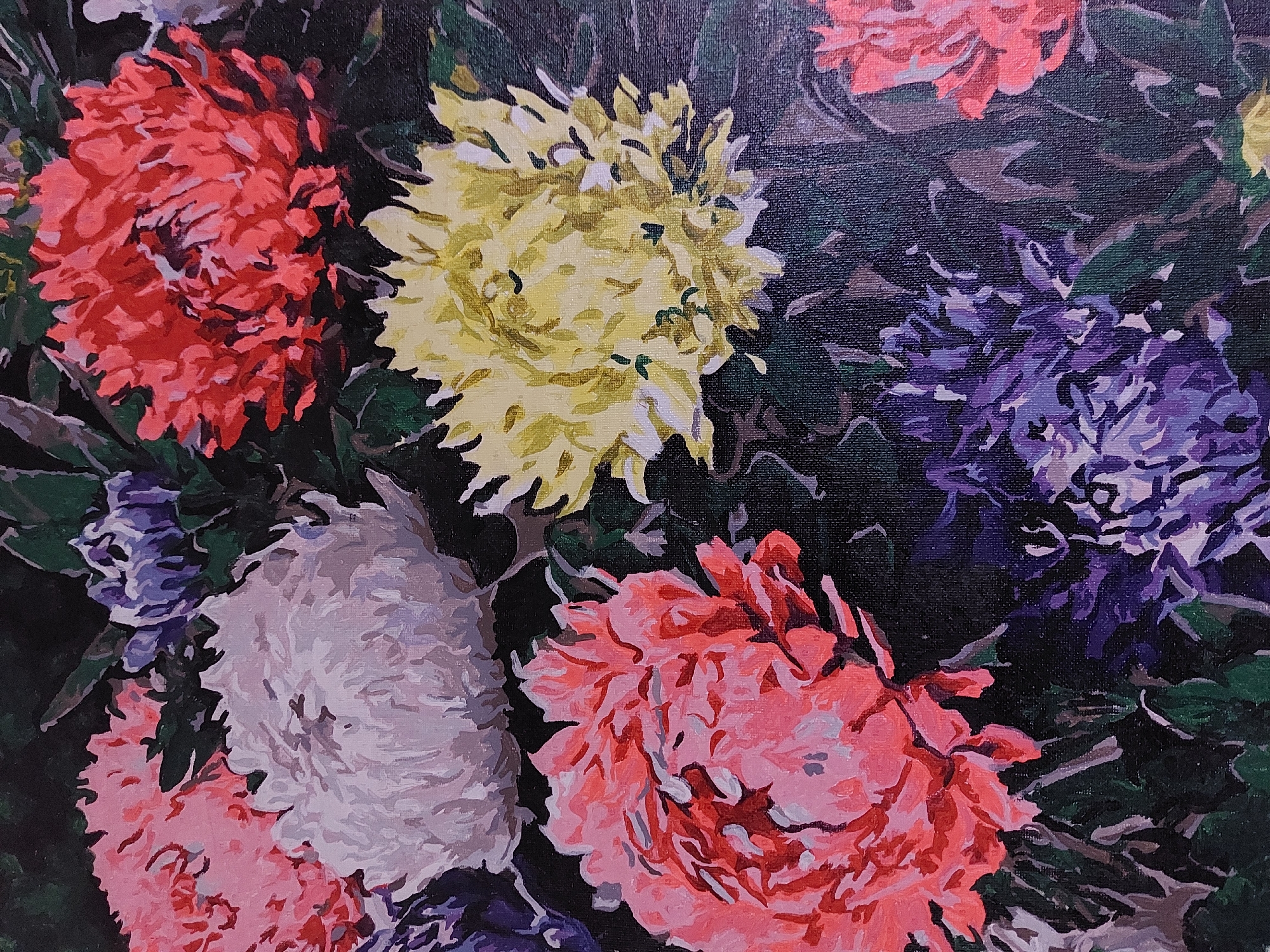 The image is a close-up of a painting of several chrysanthemums. The chrysanthemums are of various colors: red, yellow, pink, white and purple. The background is dark. The painting is likely done on canvas, and the brushstrokes are visible. There is no indication of the painting's location in Большой Букор, Russia.