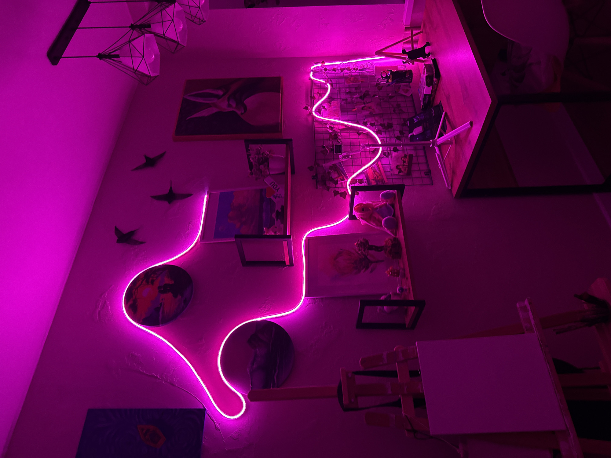 The image shows a room interior with a focus on a wall adorned with artwork and illuminated by a neon pink light. The wall features several framed pictures, round decorative plates, and cutout bird silhouettes. A wire grid with small objects and foliage is mounted near the top right. The neon light follows a winding path across the wall, interacting with the displayed items. To the right, there is an easel with a blank canvas and an articulated wooden hand model. A portion of a desk or tabletop is visible in the upper right corner. The lighting in the room is dominated by the neon pink glow. No indication of Rostov-on-Don is found within this image.