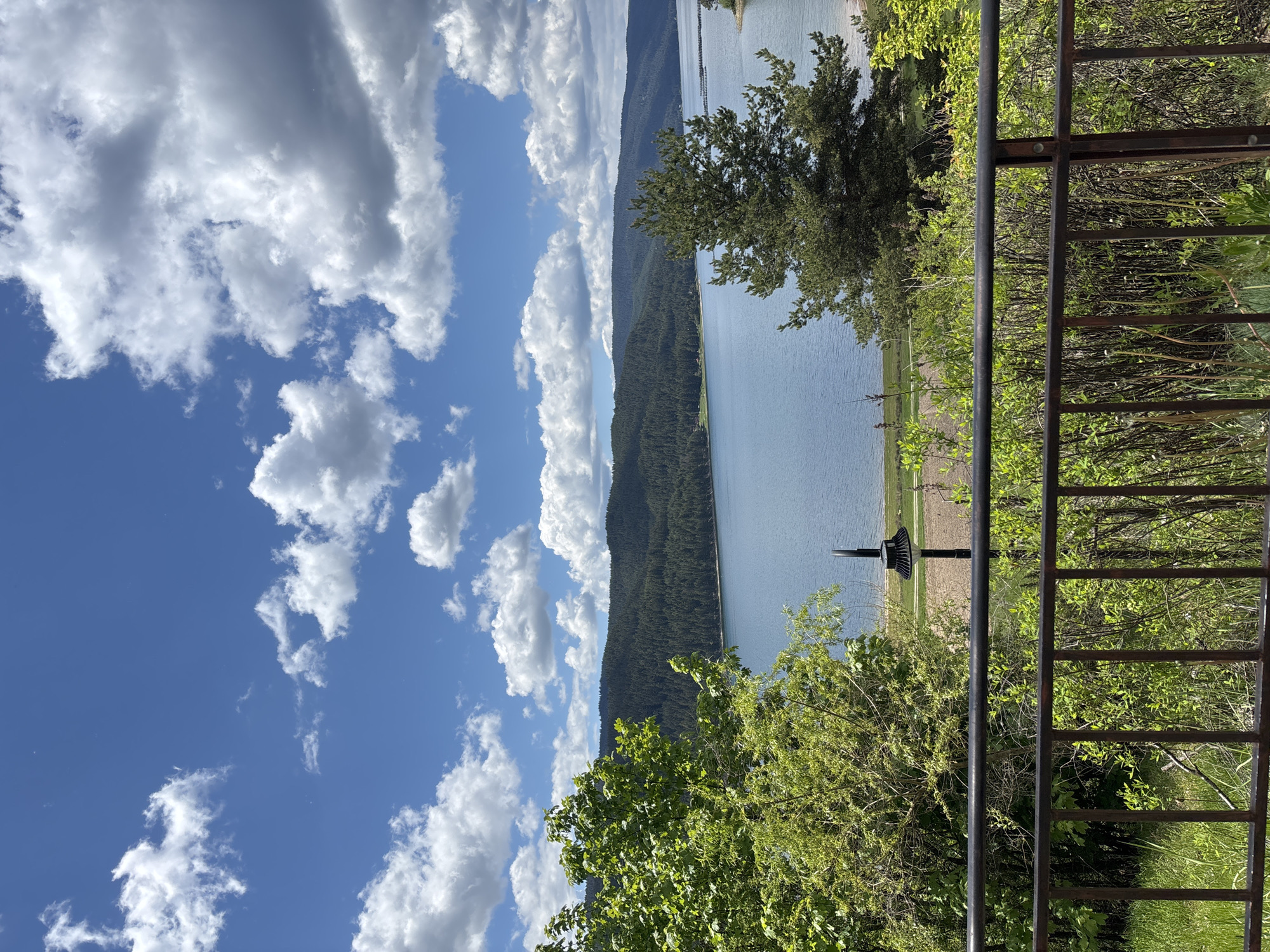 The image depicts a landscape view over Dospat Dam in Bulgaria, as seen from an elevated perspective, likely a viewpoint. The sky is bright blue with fluffy white cumulus clouds occupying much of the left portion of the frame. A forested hillside runs along the side of the water and spans the length of the lake. The foreground shows a metal fence and some foliage, partially obscuring the water’s edge. A street lamp is partially visible in the mid-ground.