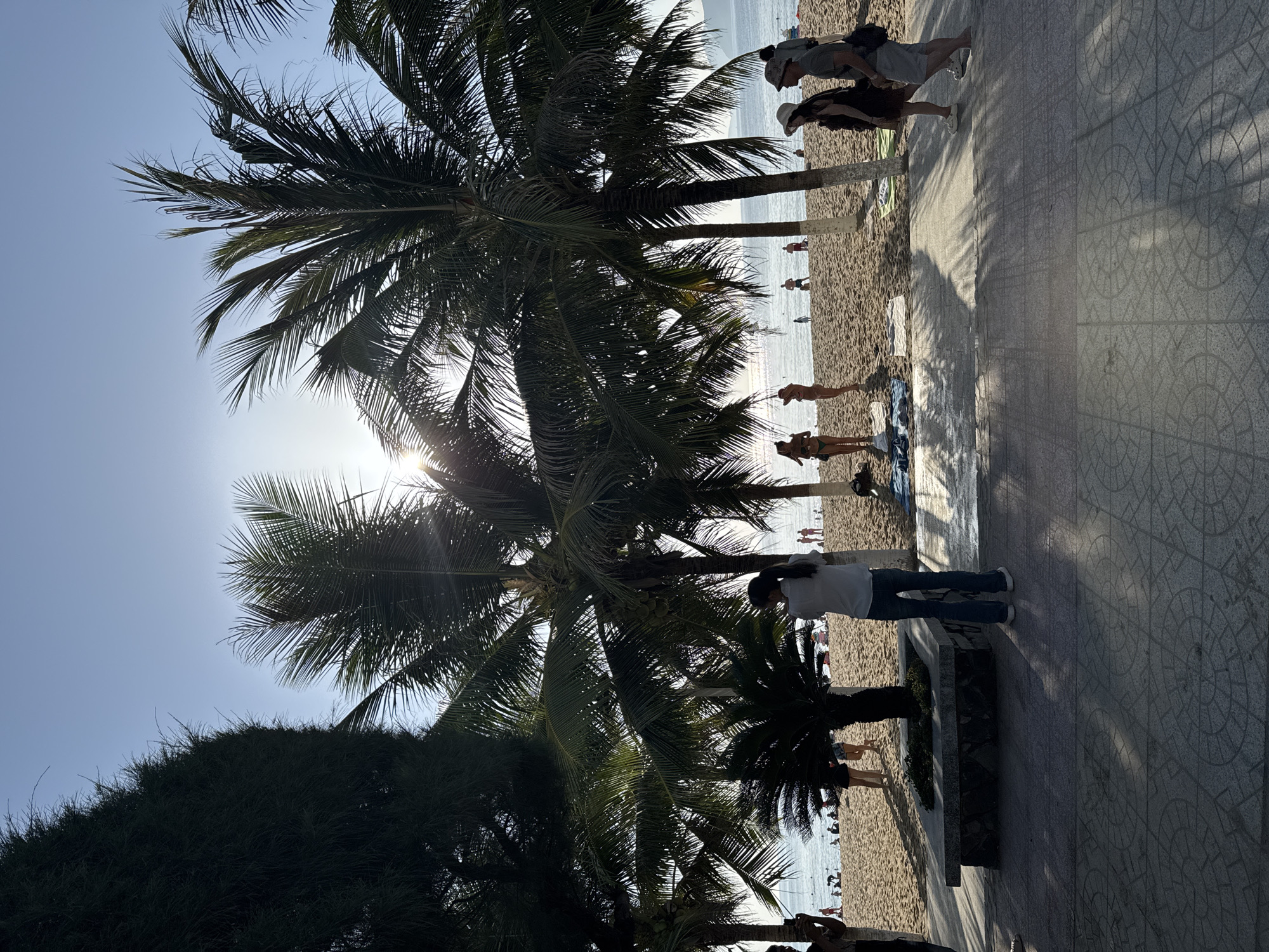 The image depicts a beach scene in Nha Trang, Vietnam, under a bright, sunny sky. In the foreground, a paved walkway is visible with patterned tiles, casting shadows from palm trees. Several palm trees, some with visible coconuts, dominate the mid-ground and frame the view of the beach and the sea. A small, potted palm-like plant is situated on a concrete planter on the walkway.
On the sandy beach, there are numerous people. Some are walking, while others appear to be sunbathing or standing near the water's edge. The sea is calm, and there are distant figures in the water. The sun is high in the sky, creating lens flares through the palm fronds.
In the immediate foreground, several individuals are visible. A person wearing a white shirt and blue jeans stands facing away from the camera, appearing to take a photo. To the right, a couple walks along the walkway, the woman wearing a dark dress and a hat, and the man in a t-shirt and shorts, carrying a bag. On the beach, closer to the water, several individuals are seen in swimwear. To the far left, a person with dark hair is partially visible, holding what appears to be a phone or camera.